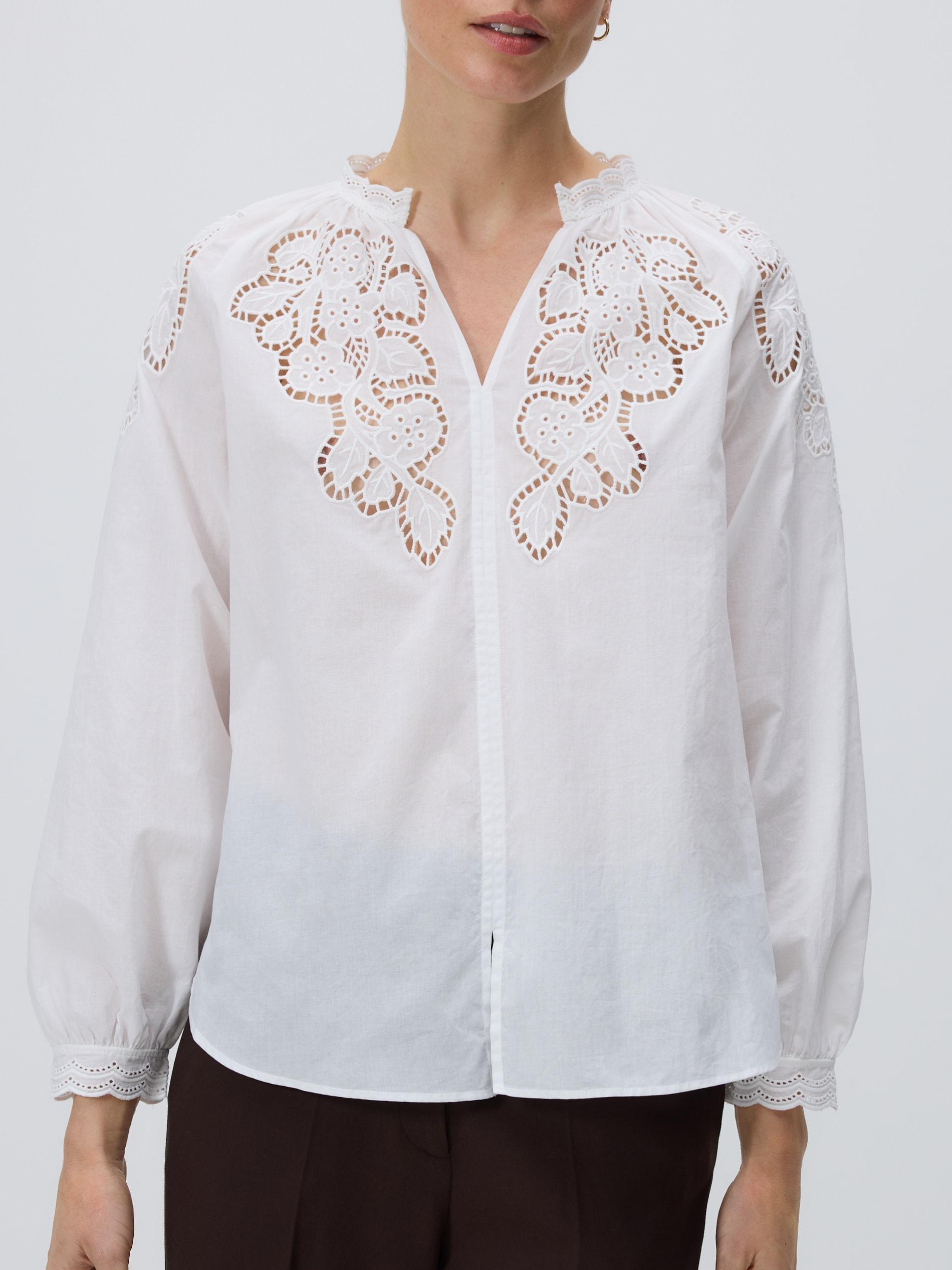 Cream Blouse With Open Knit Insert, Ivory, large image number 0