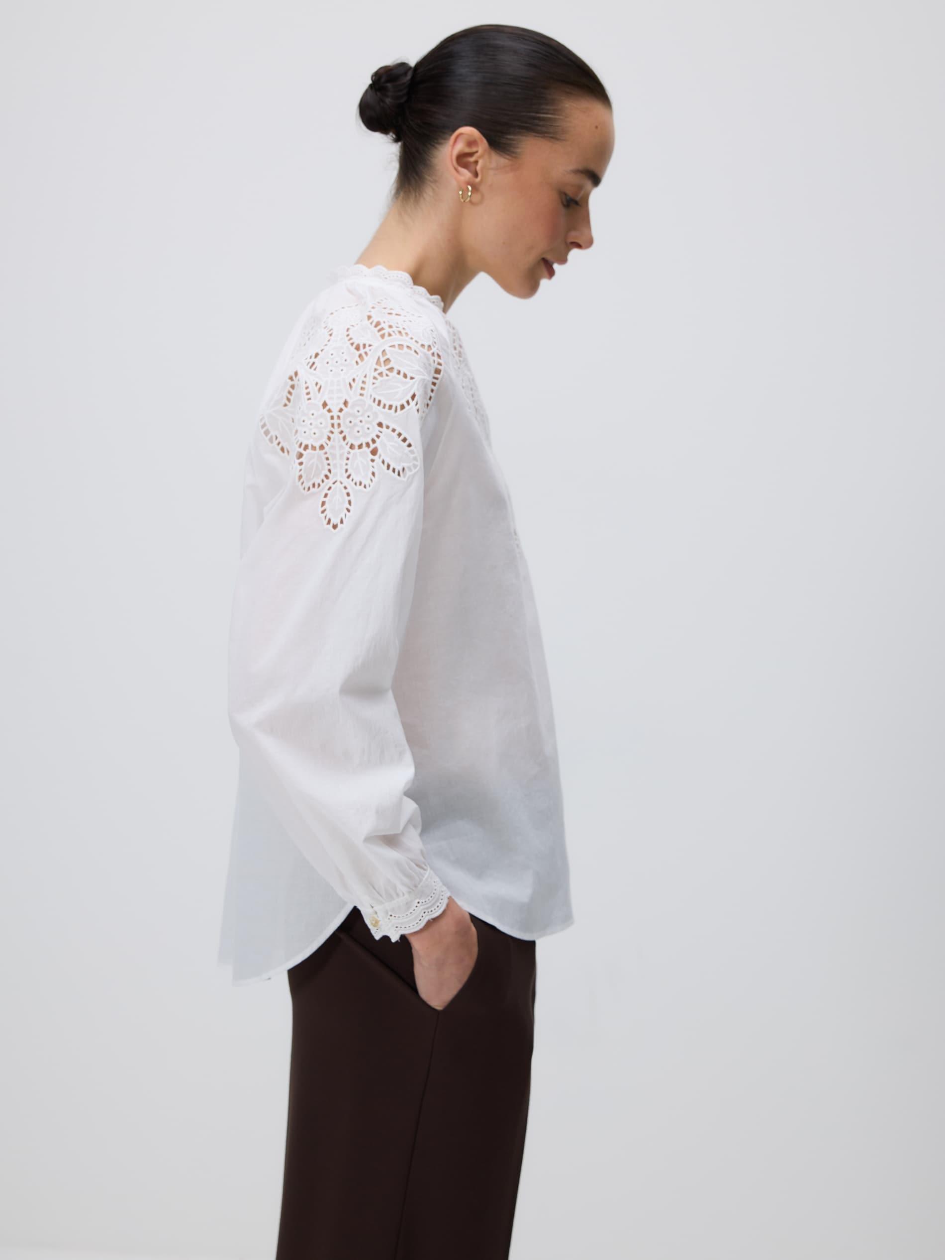 Cream Blouse With Open Knit Insert, Ivory, large image number 1
