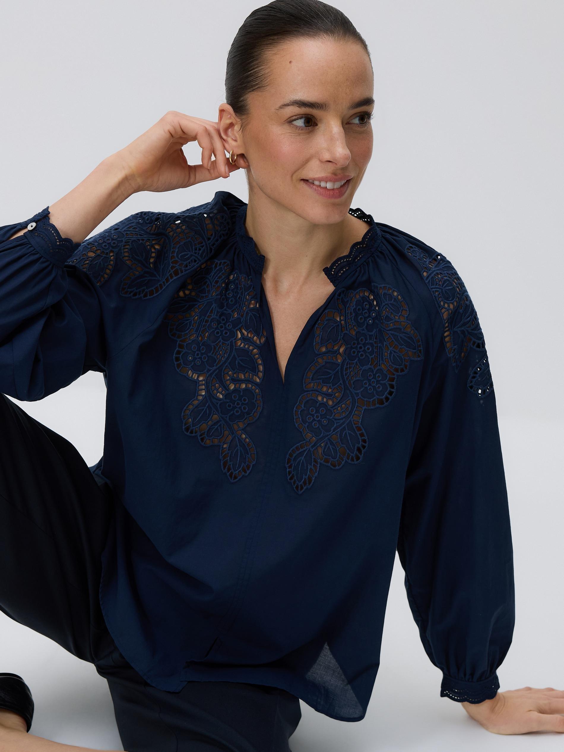 Navy Blouse With Open Knit Insert, Navy, medium