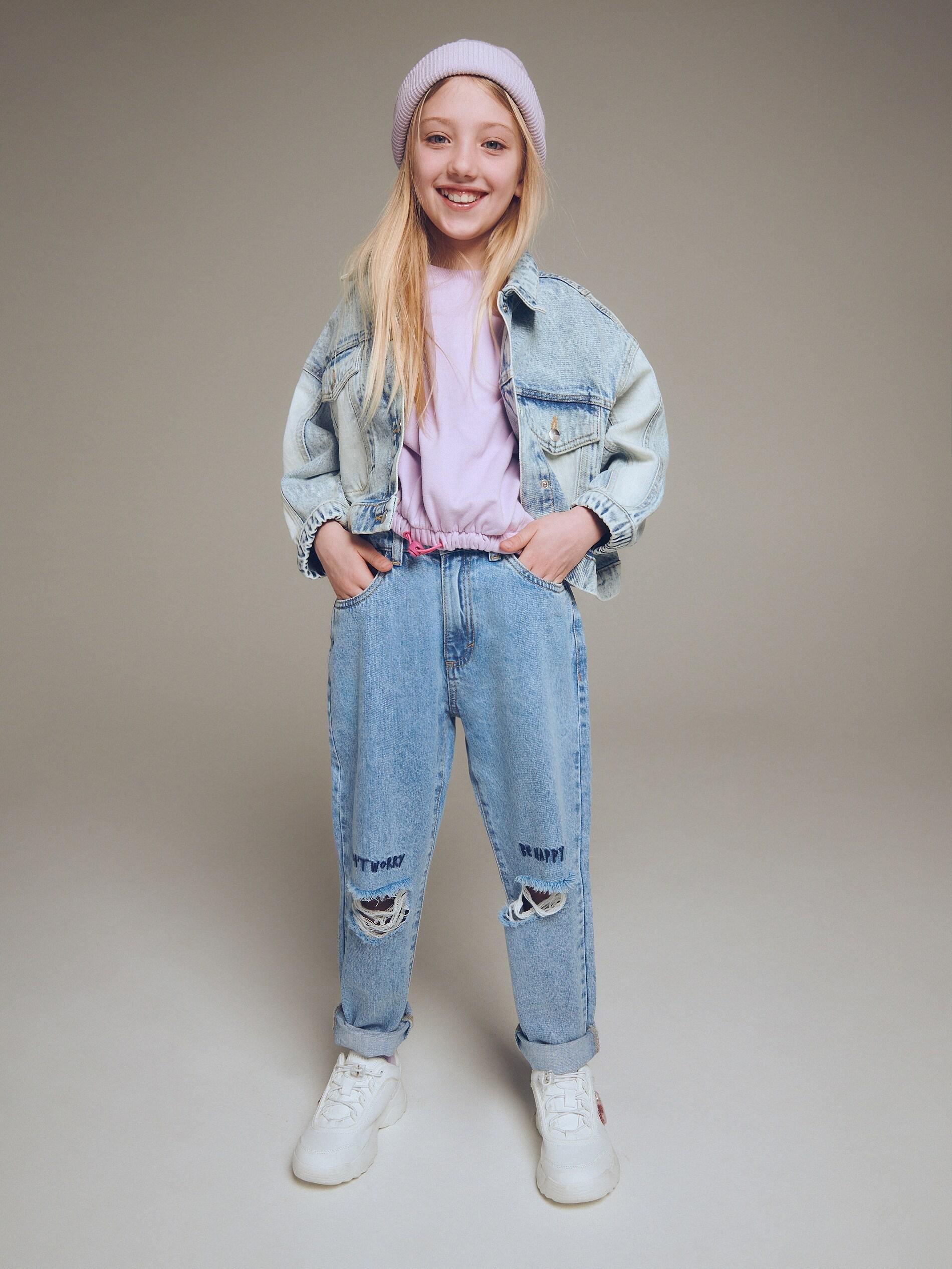 Blue Ripped slouchy jeans with embroidery, , large image number 0
