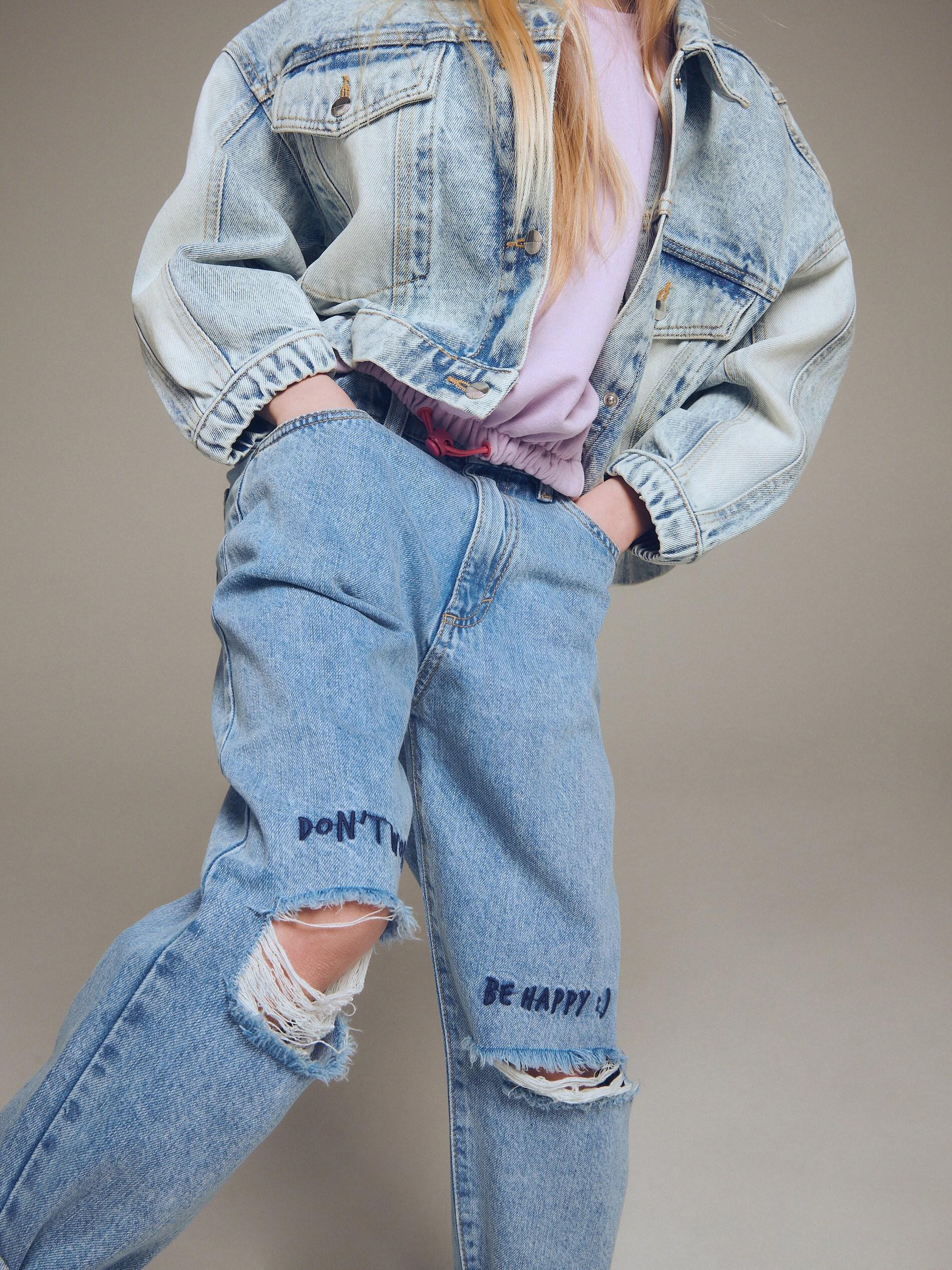 Blue Ripped slouchy jeans with embroidery, , large image number 2