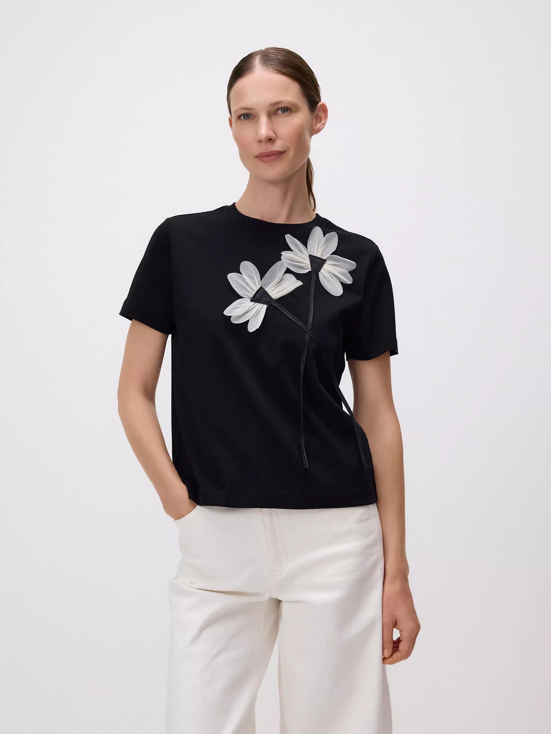 BLACK T-shirt with flower appliquأ©, , large image number 2