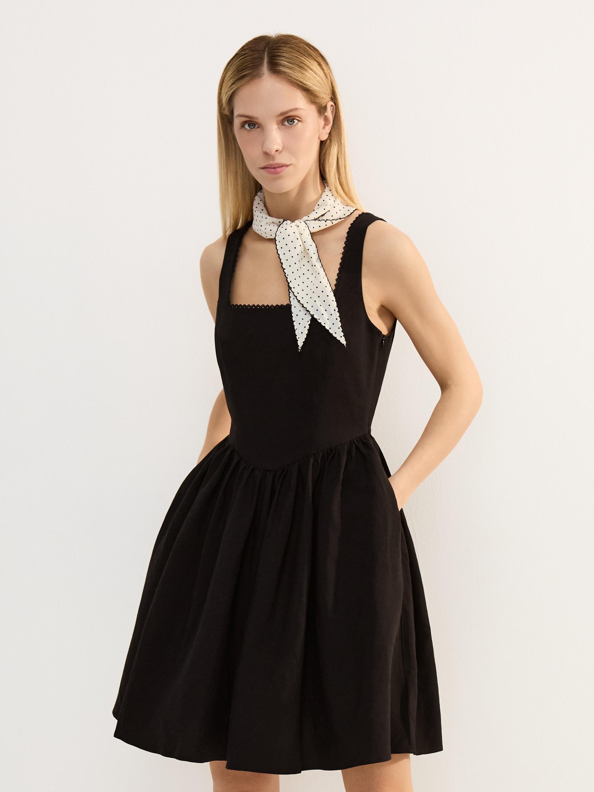 Black Viscose Dress With Linen Blend, Black, medium