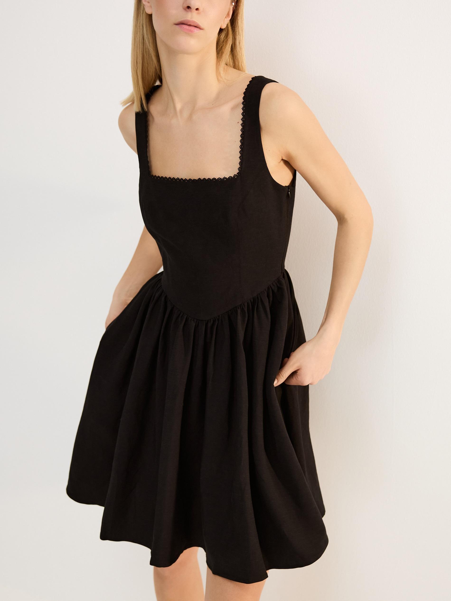 Black Viscose Dress With Linen Blend, Black, large image number 3