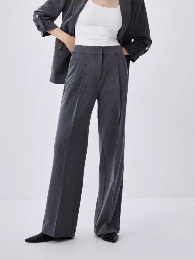 Grey Pleated Wide Leg Trousers, , large image number 0