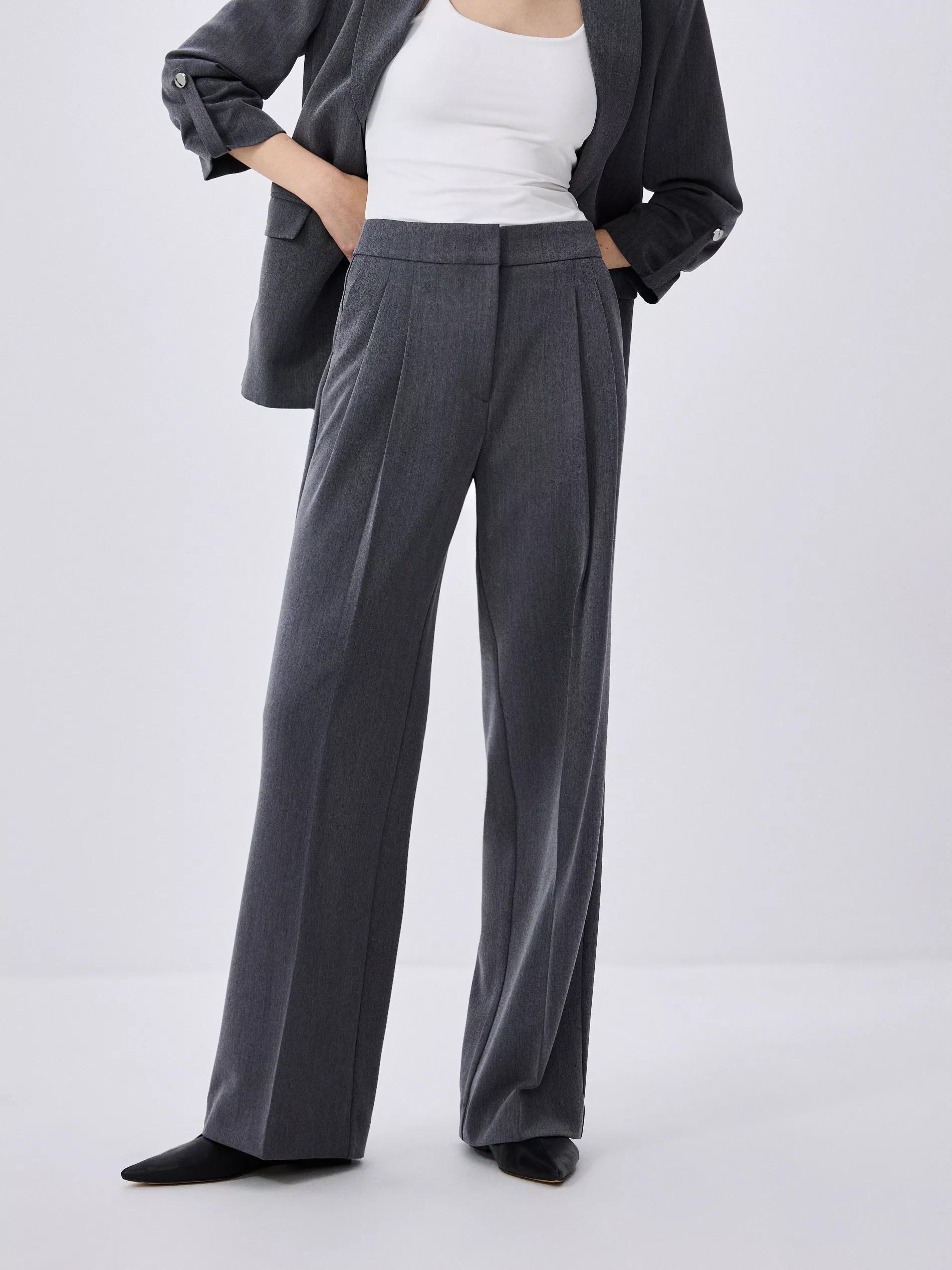 Grey Pleated Wide Leg Trousers, , large image number 2