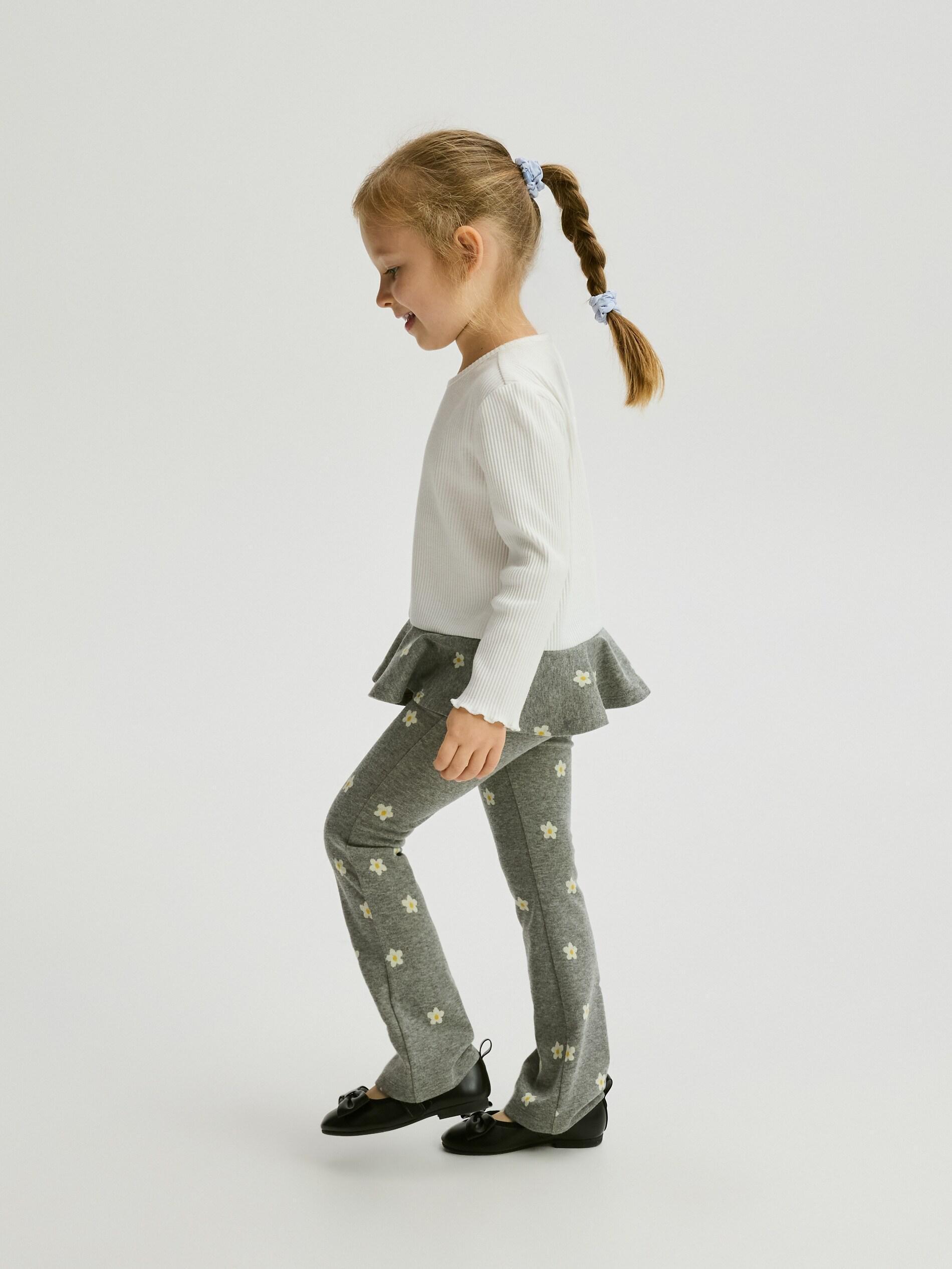 Grey Floral Cotton Rich Leggings, Kids Girls, Grey, large image number 1