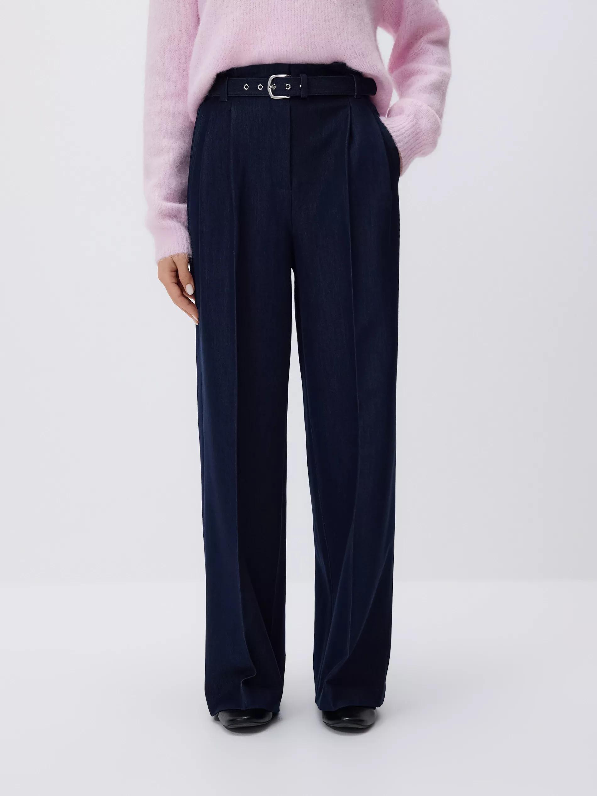 Navy Wide Leg Trousers With Belt, Navy, medium