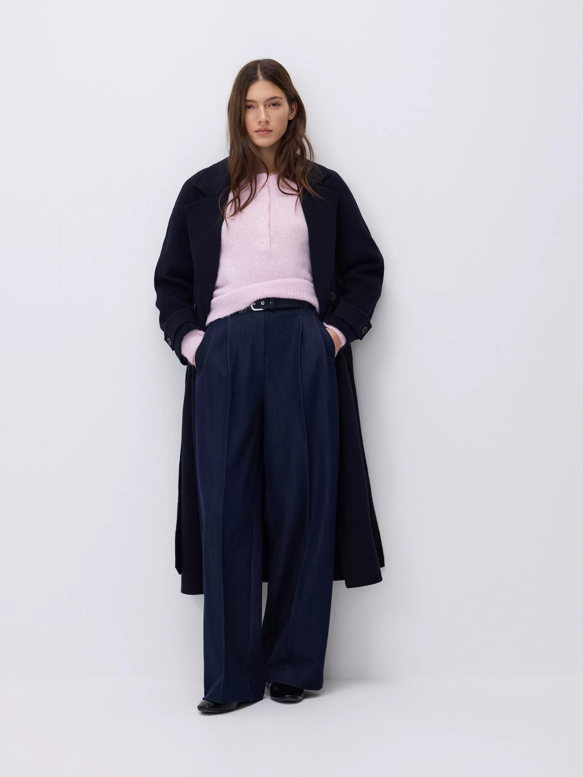 Navy Wide Leg Trousers With Belt, Navy, large image number 3