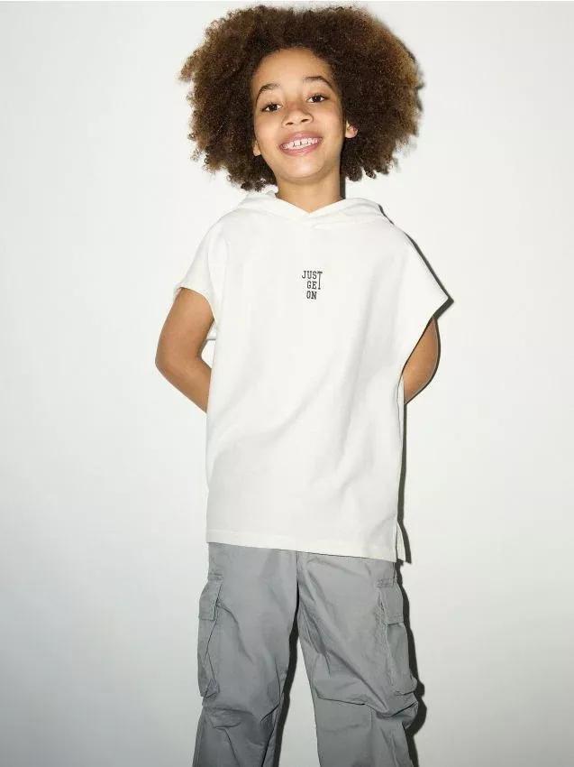 Cream Oversized Hooded T-Shirt, Kids Boys, , large image number 0