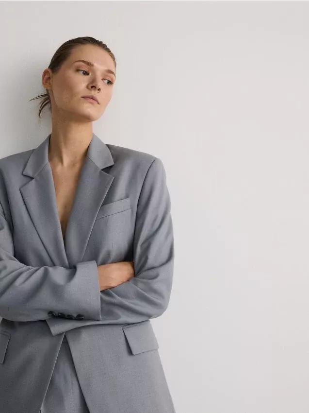 Grey Plain Oversized Blazer, , large image number 0