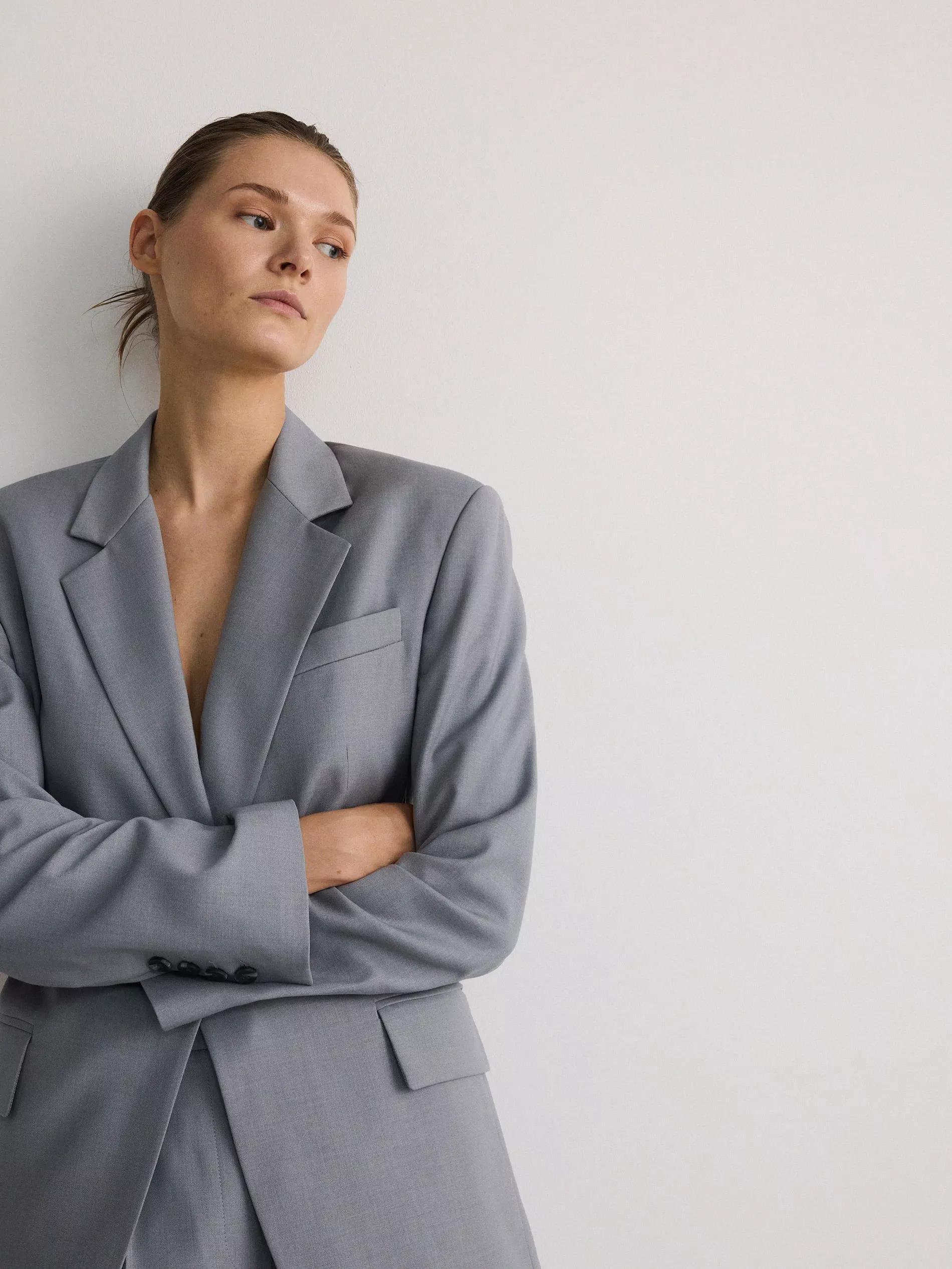 Grey Plain Oversized Blazer, , large image number 1
