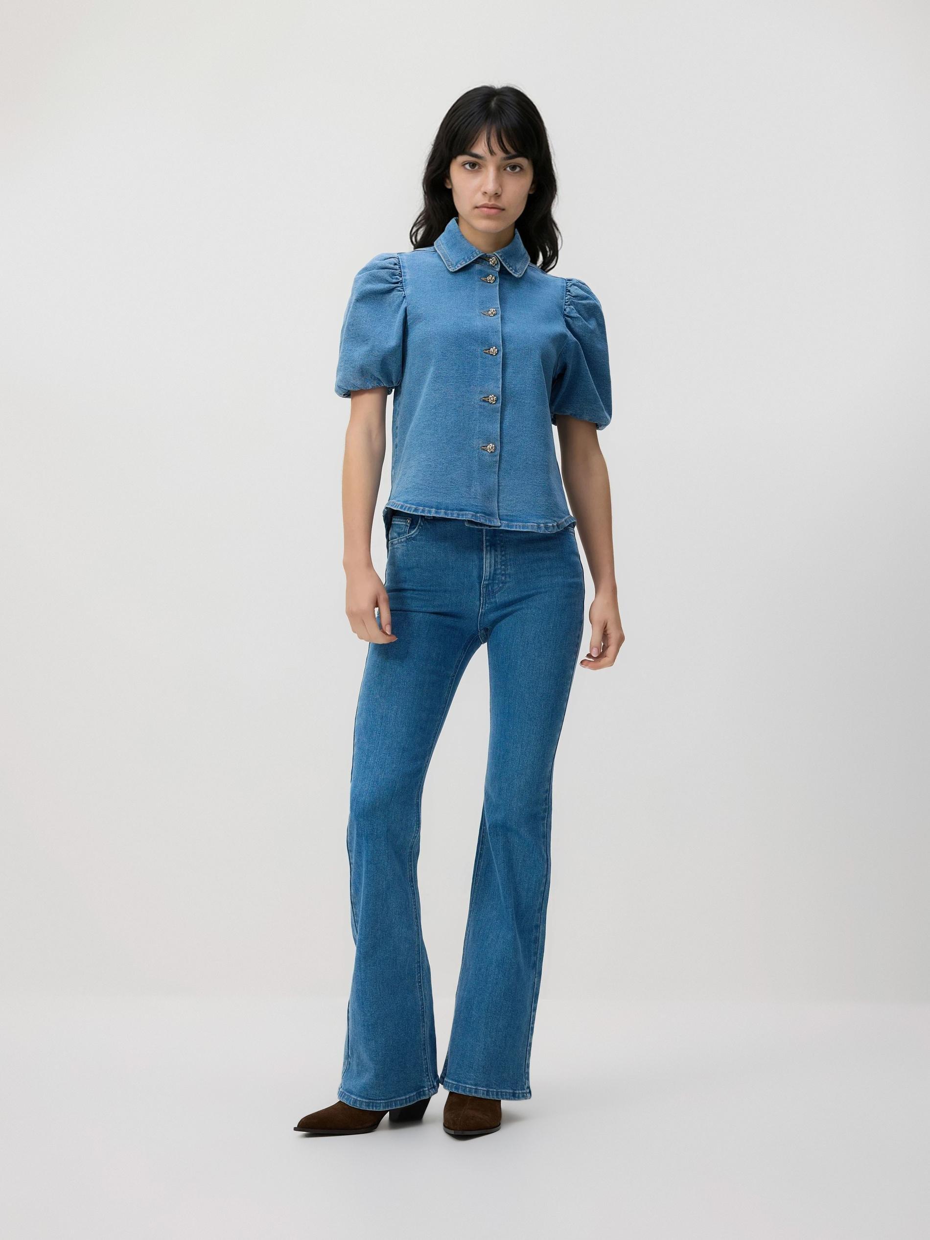 Blue Jeans Denim Shirt With Puff Sleeves, Blue, medium
