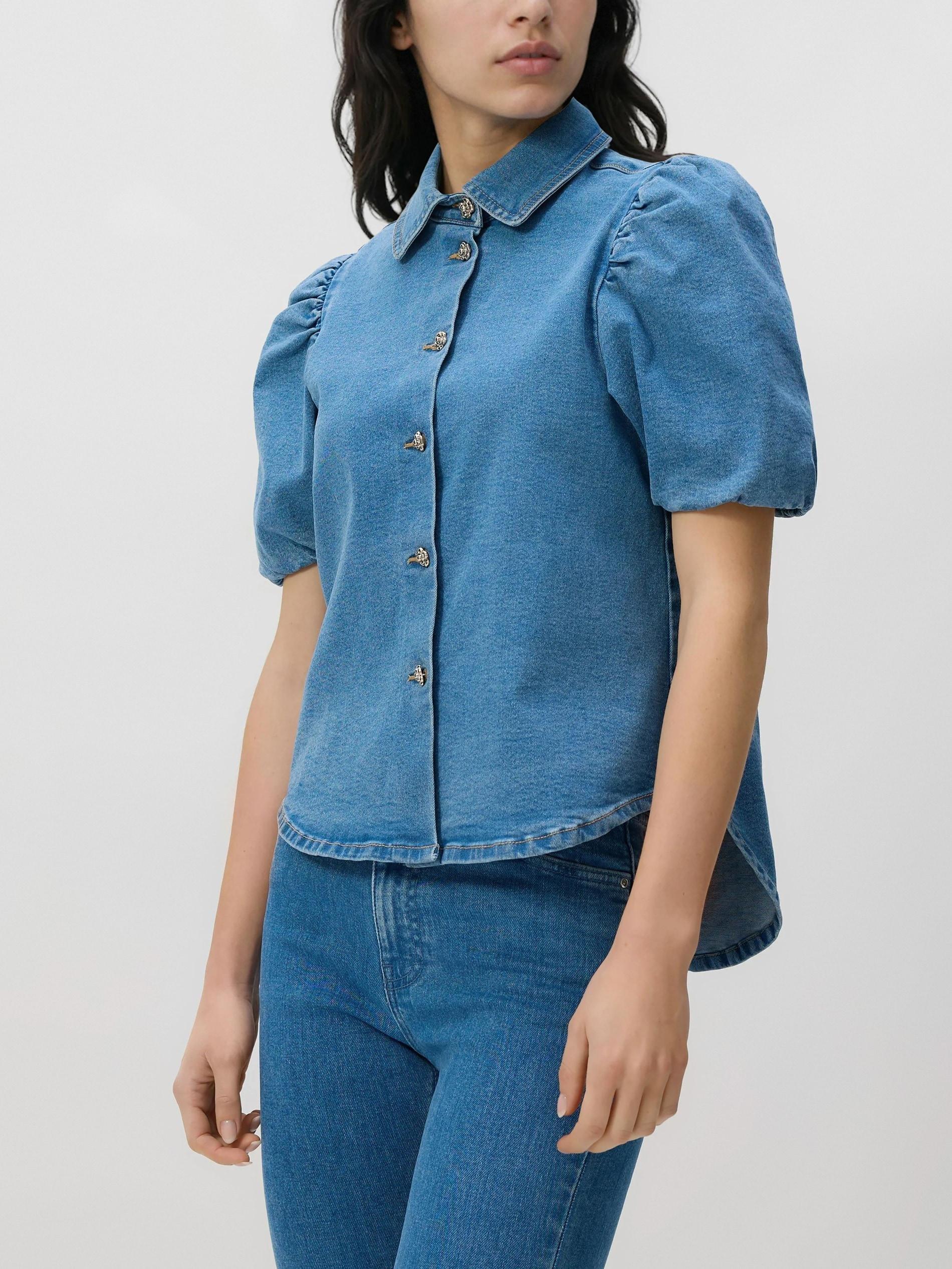 Blue Jeans Denim Shirt With Puff Sleeves, Blue, large image number 1