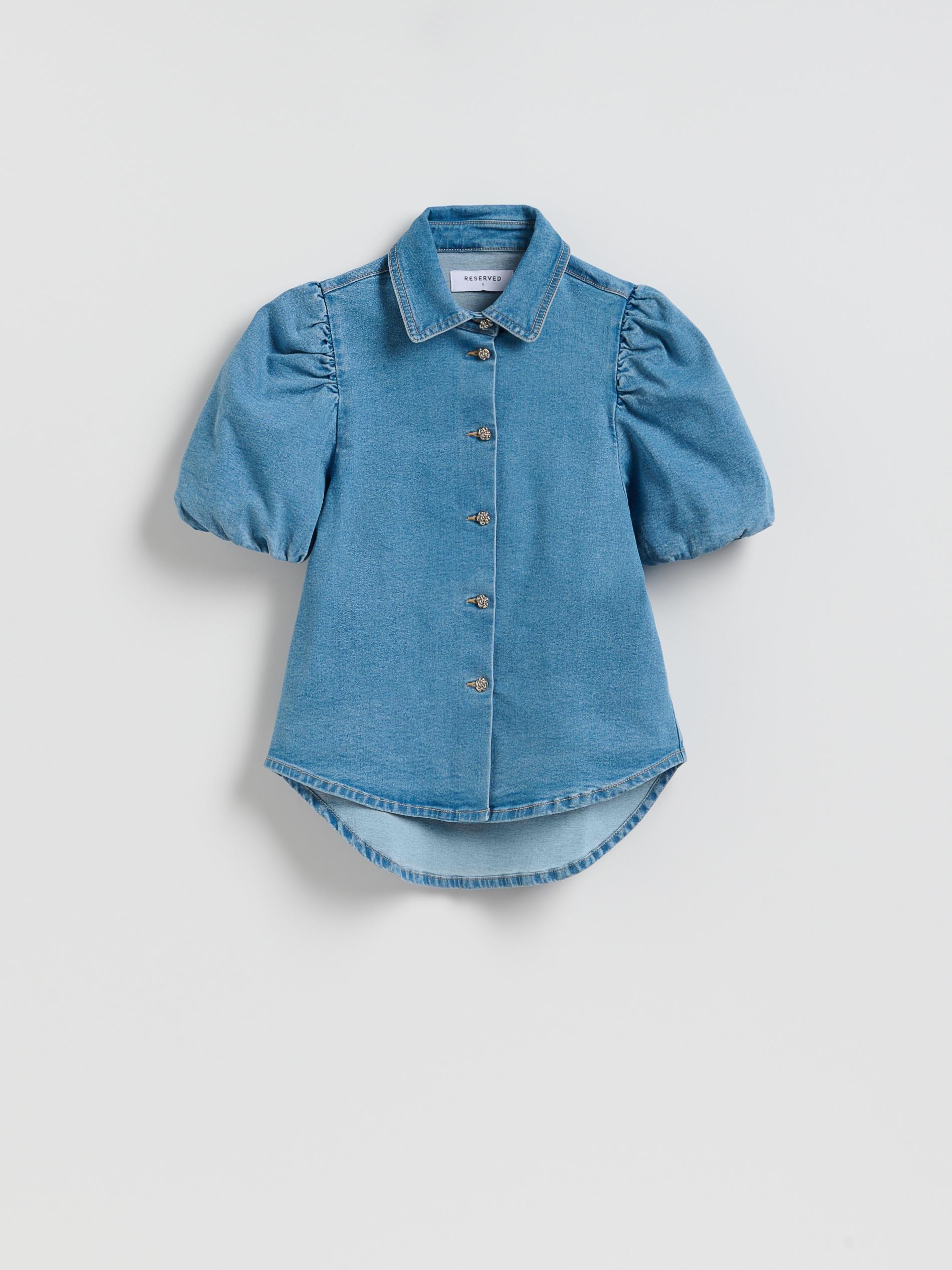 Blue Jeans Denim Shirt With Puff Sleeves, Blue, large image number 3