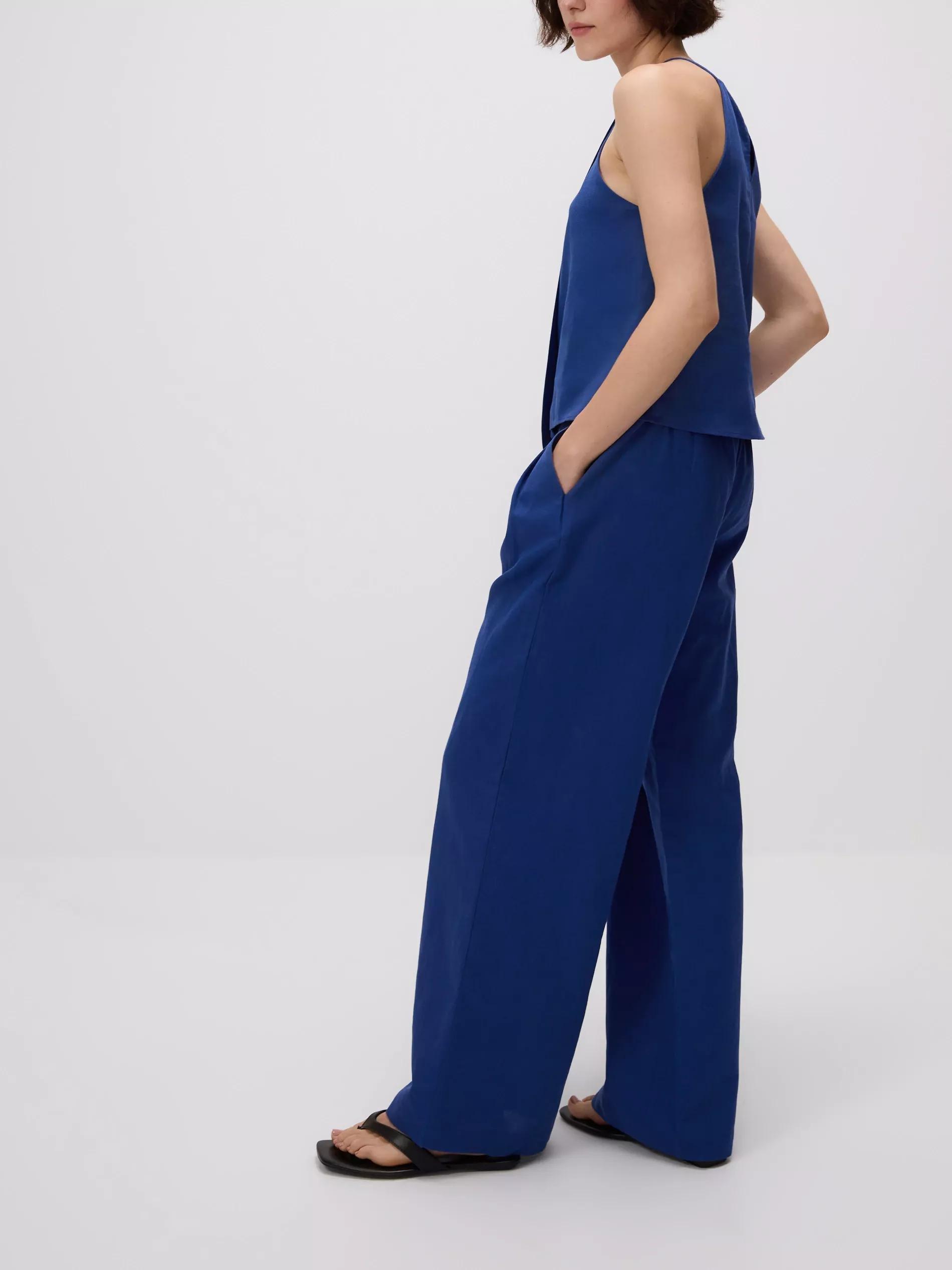 Blue Linen Rich Wide Leg Trousers, , large image number 0