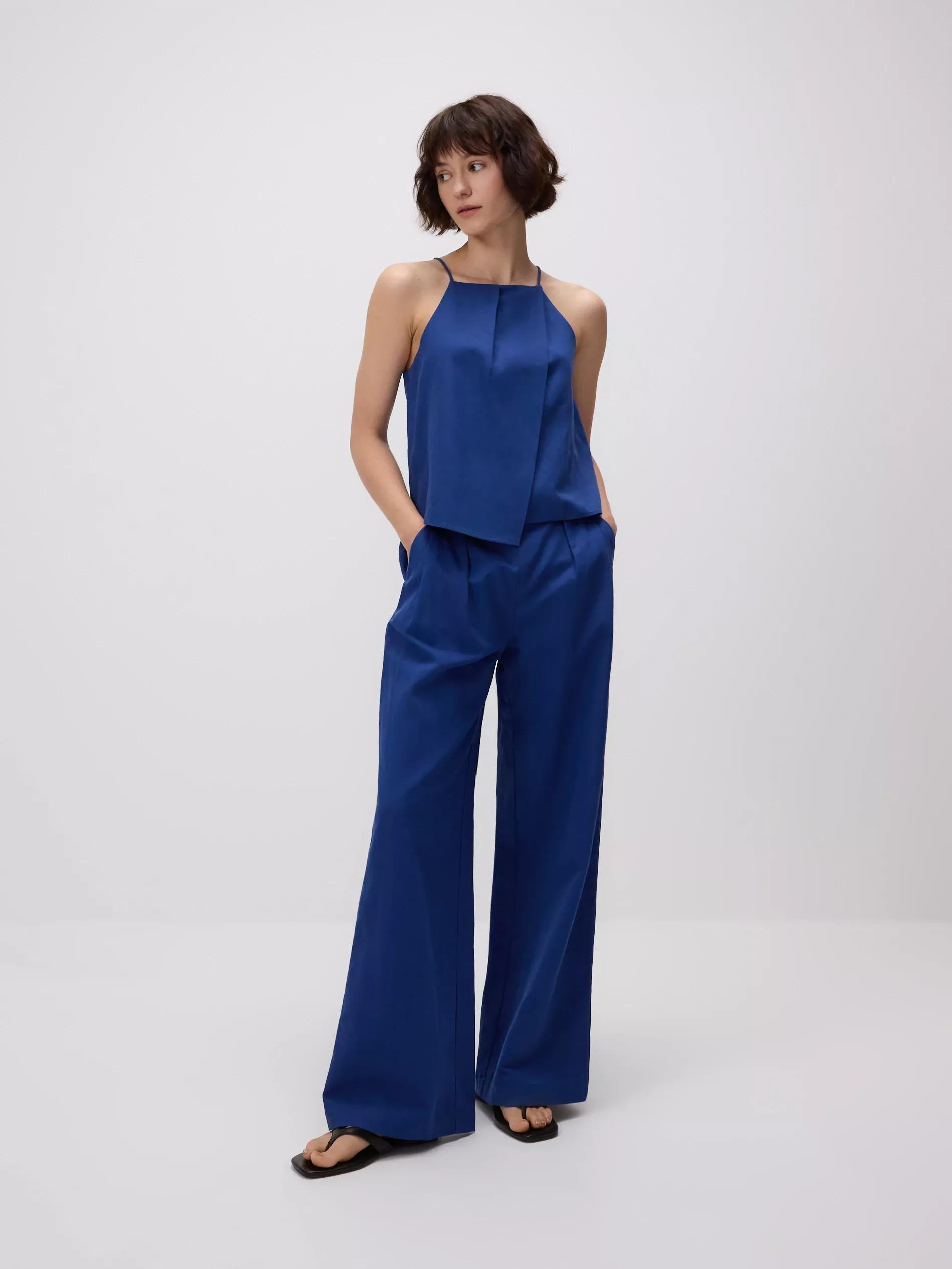 Blue Linen Rich Wide Leg Trousers, , large image number 1
