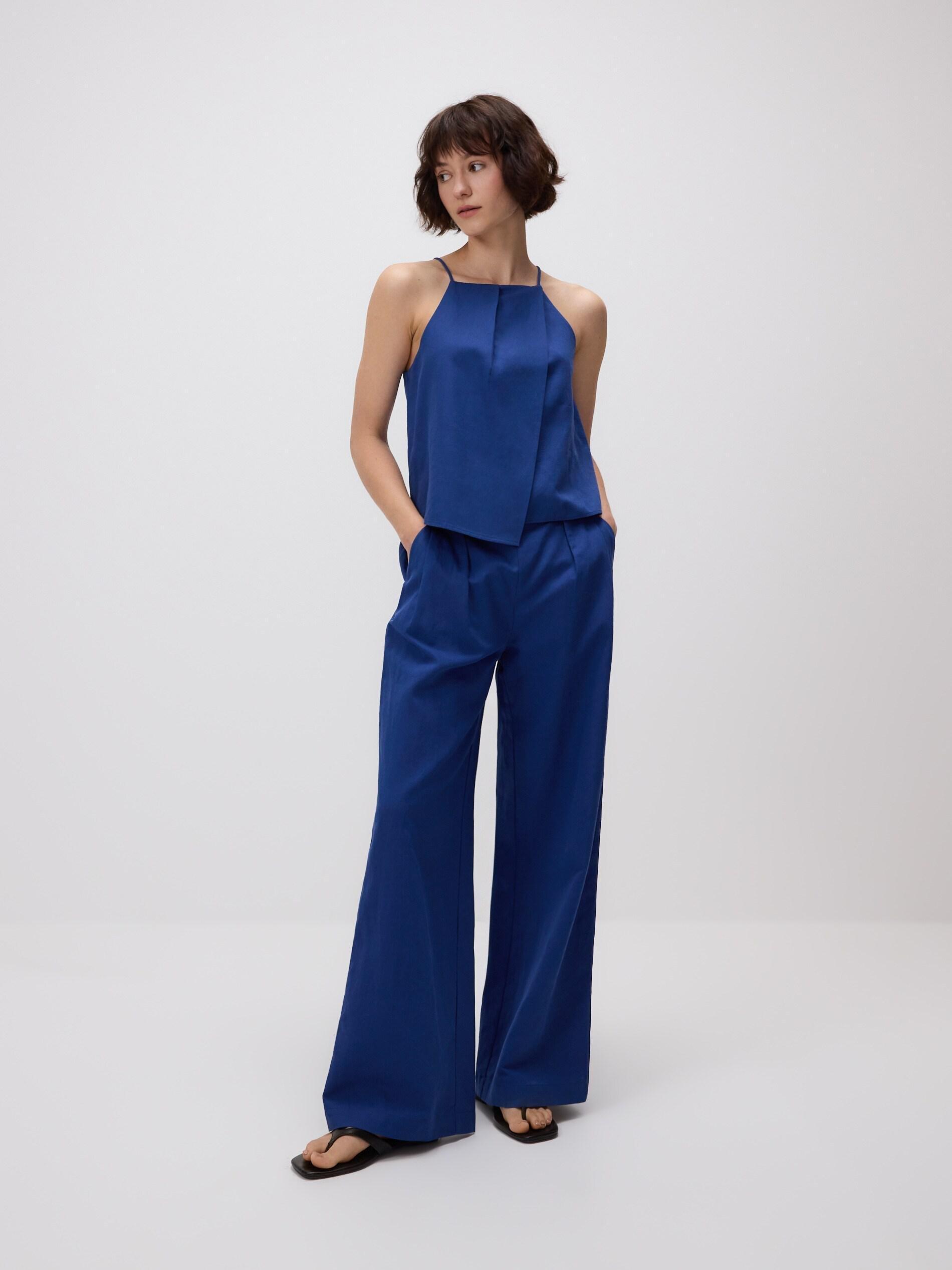 Blue Linen Rich Wide Leg Trousers, Blue, medium