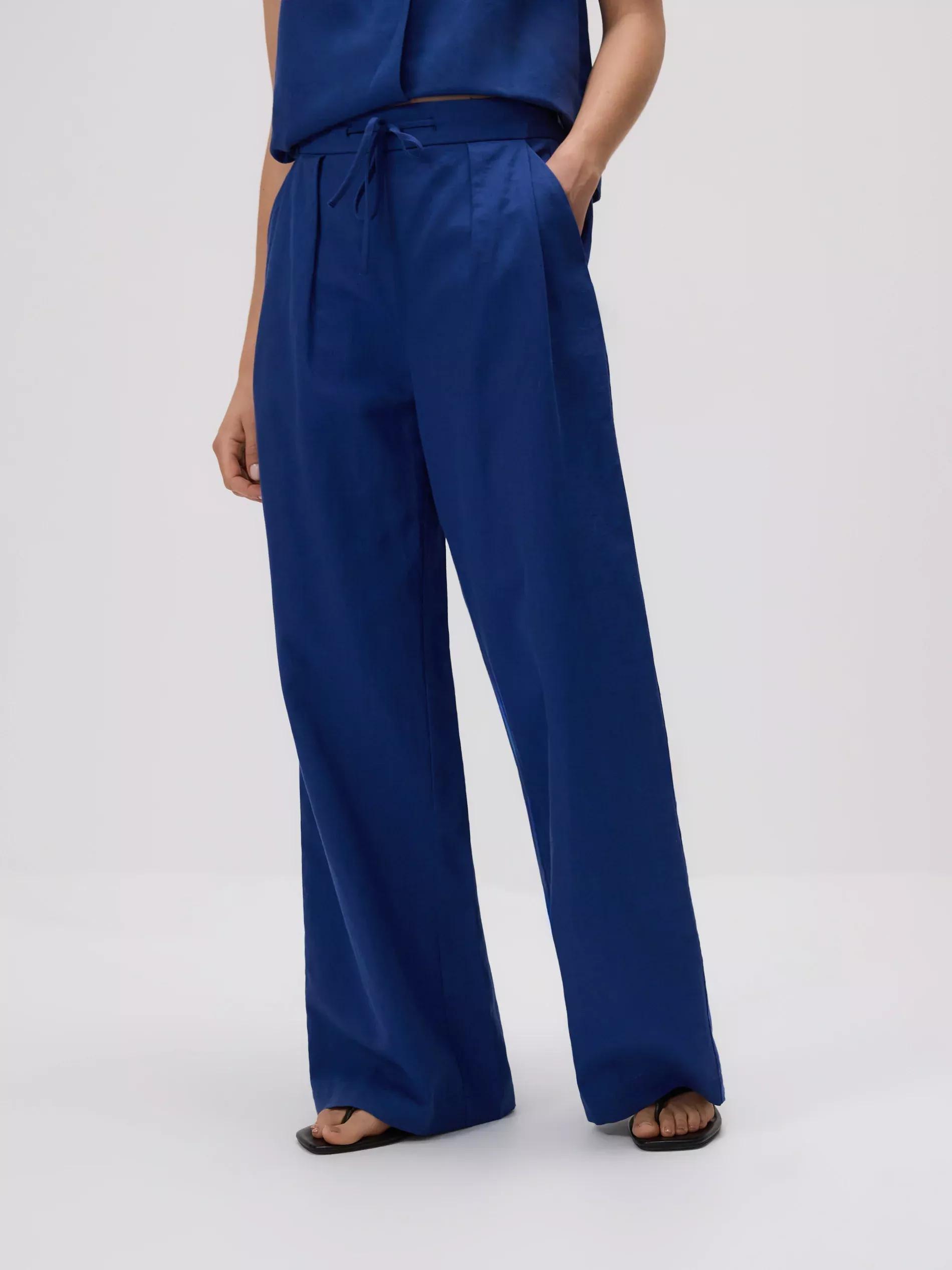 Blue Linen Rich Wide Leg Trousers, , large image number 2
