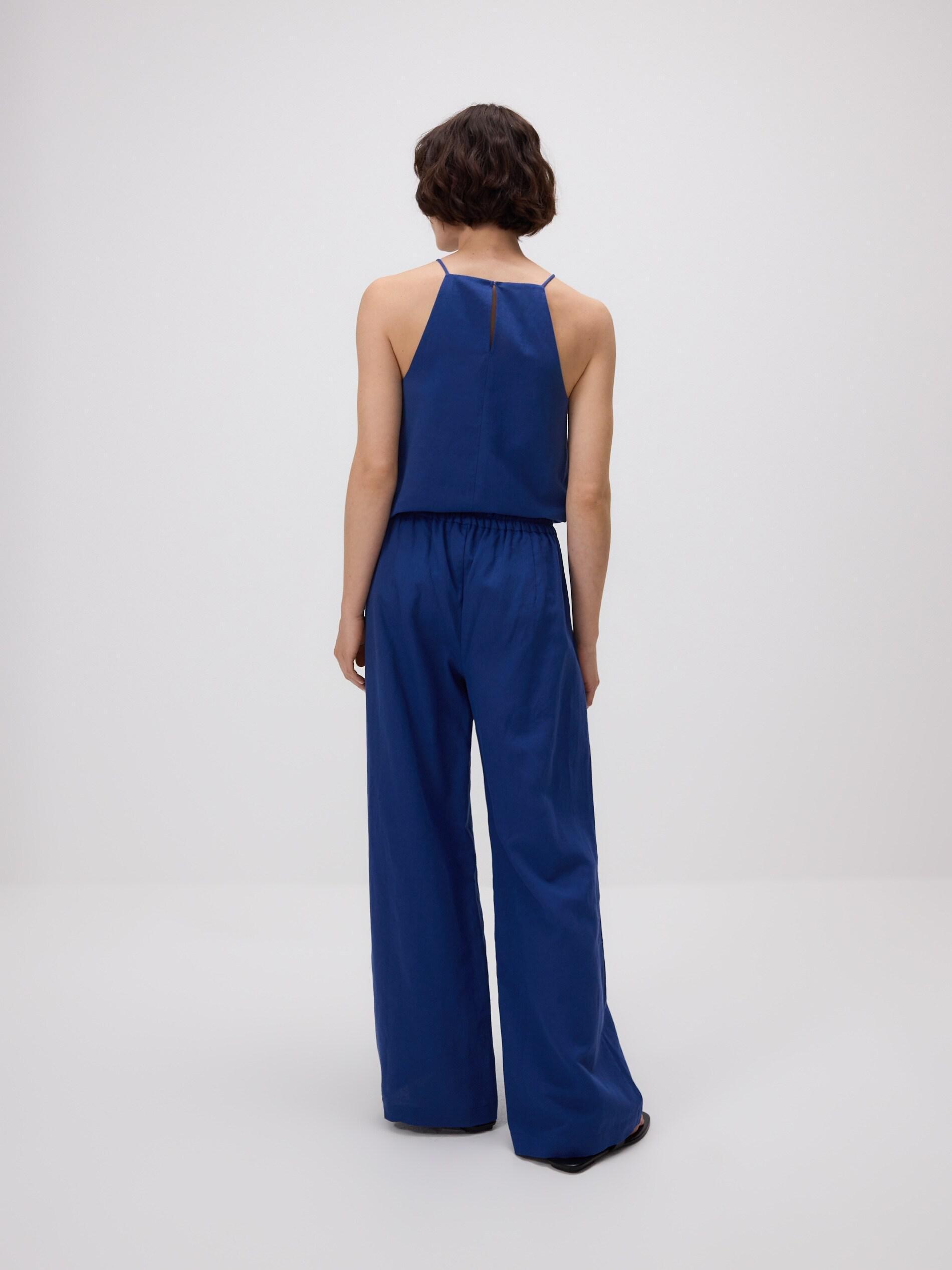 Blue Linen Rich Wide Leg Trousers, Blue, medium