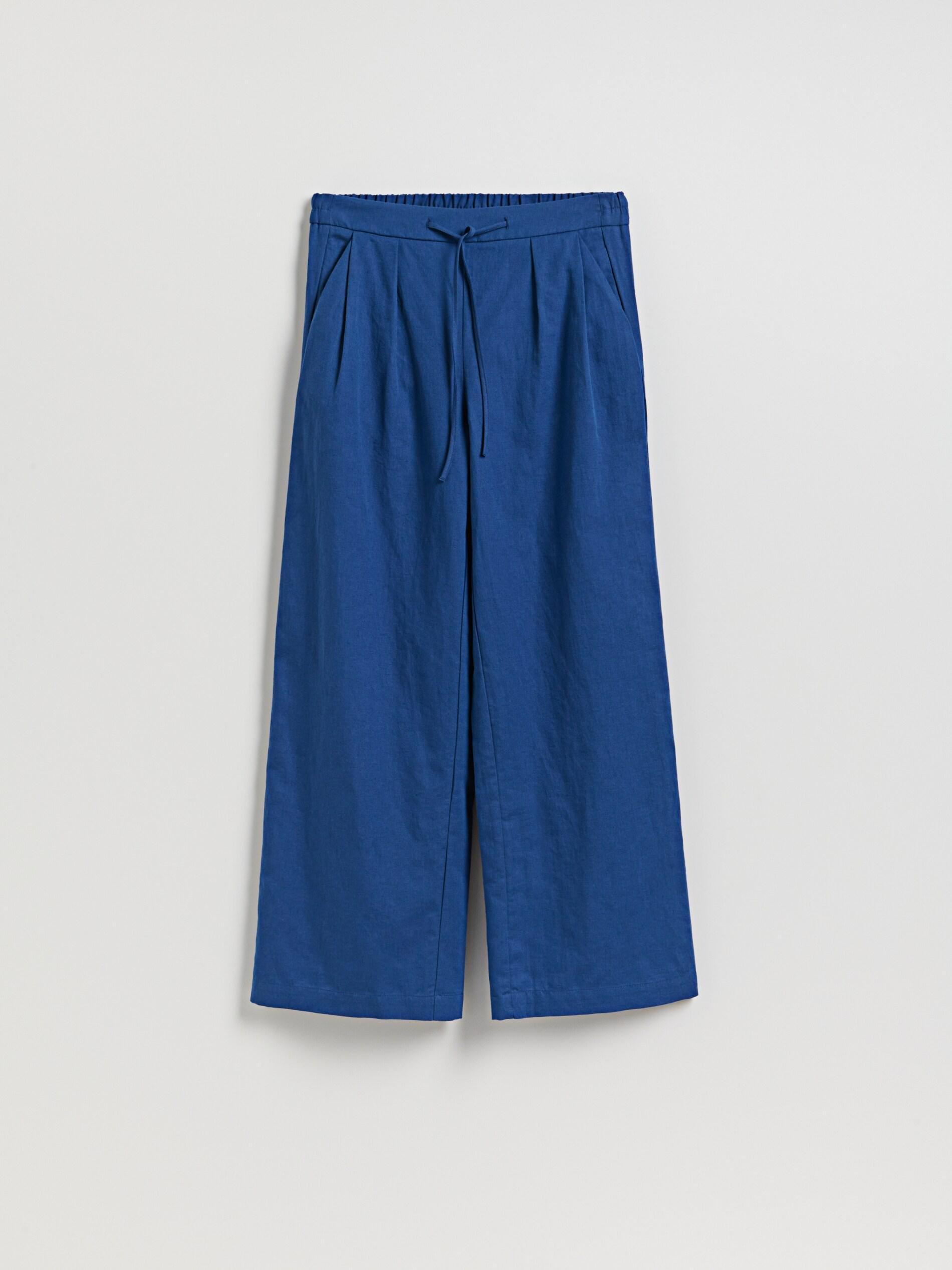 Blue Linen Rich Wide Leg Trousers, Blue, medium