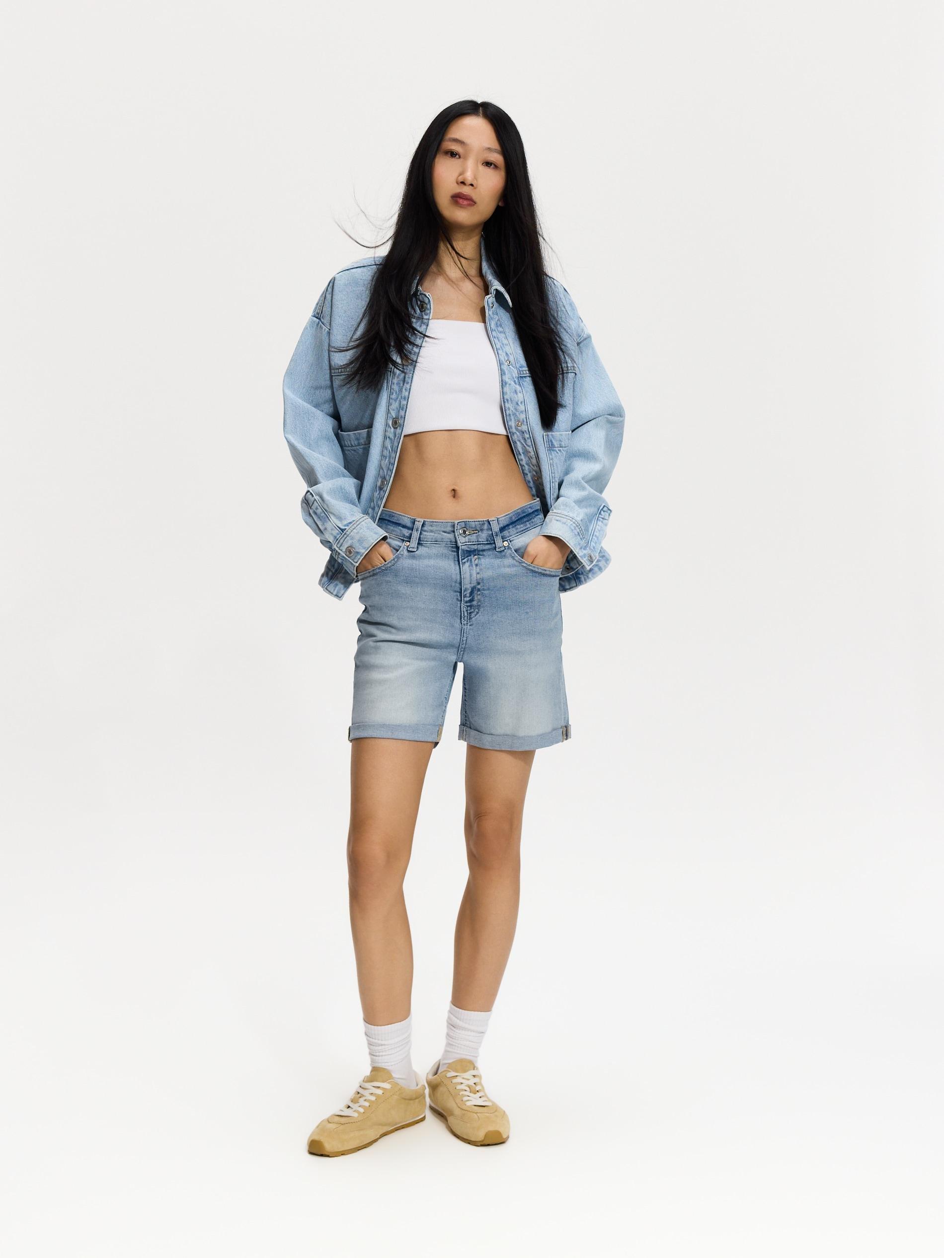 Blue Jean Shorts With Roll-Up Cuffs, Blue, large image number 1