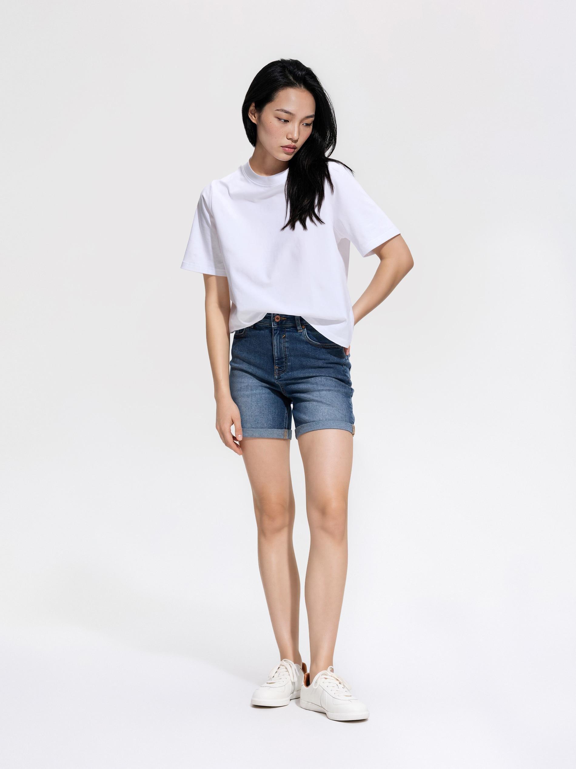 Navy Jean Shorts With Roll-Up Cuffs, Navy, medium
