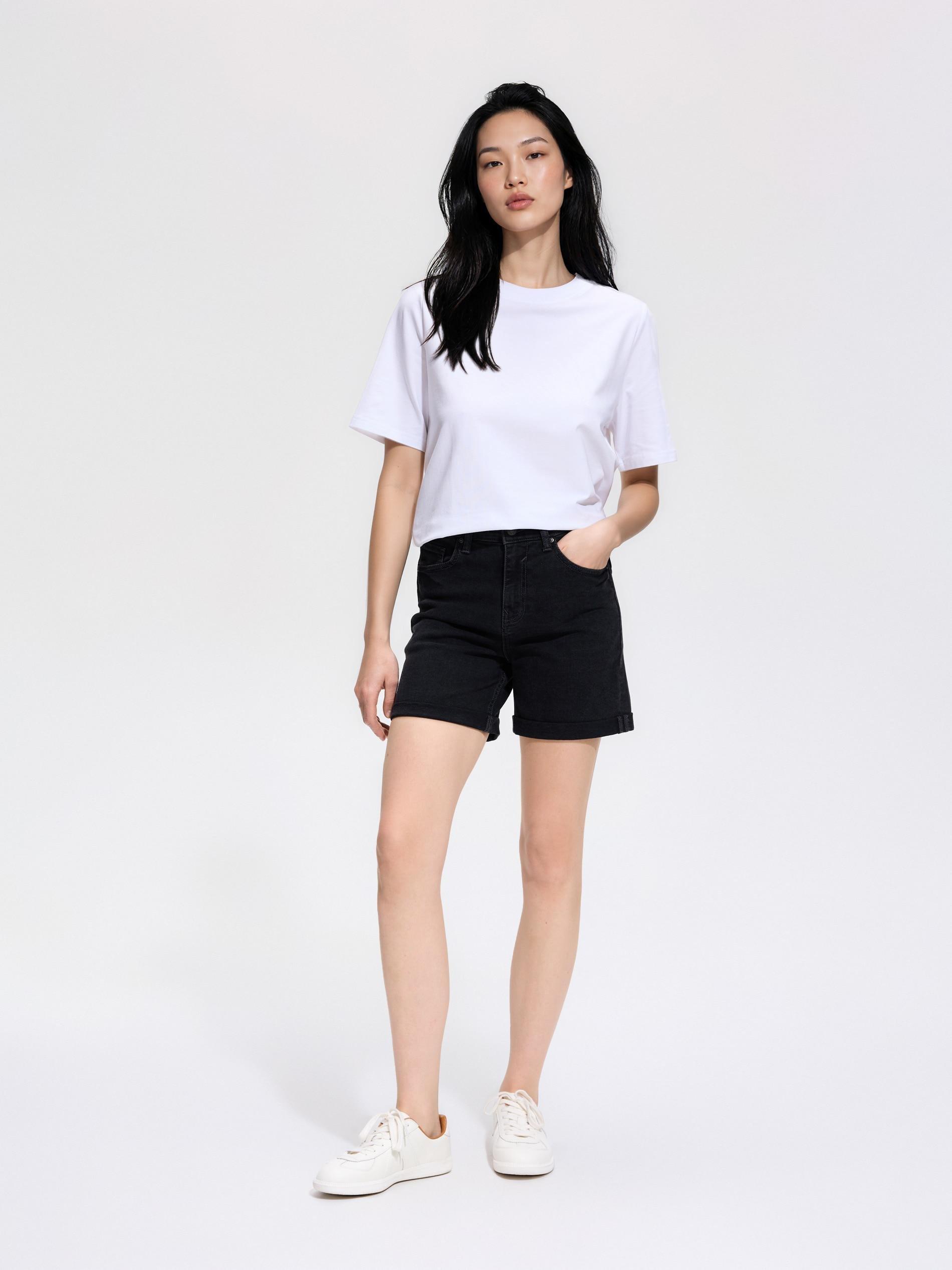 Black Jean Shorts With Roll-Up Cuffs, Black, medium