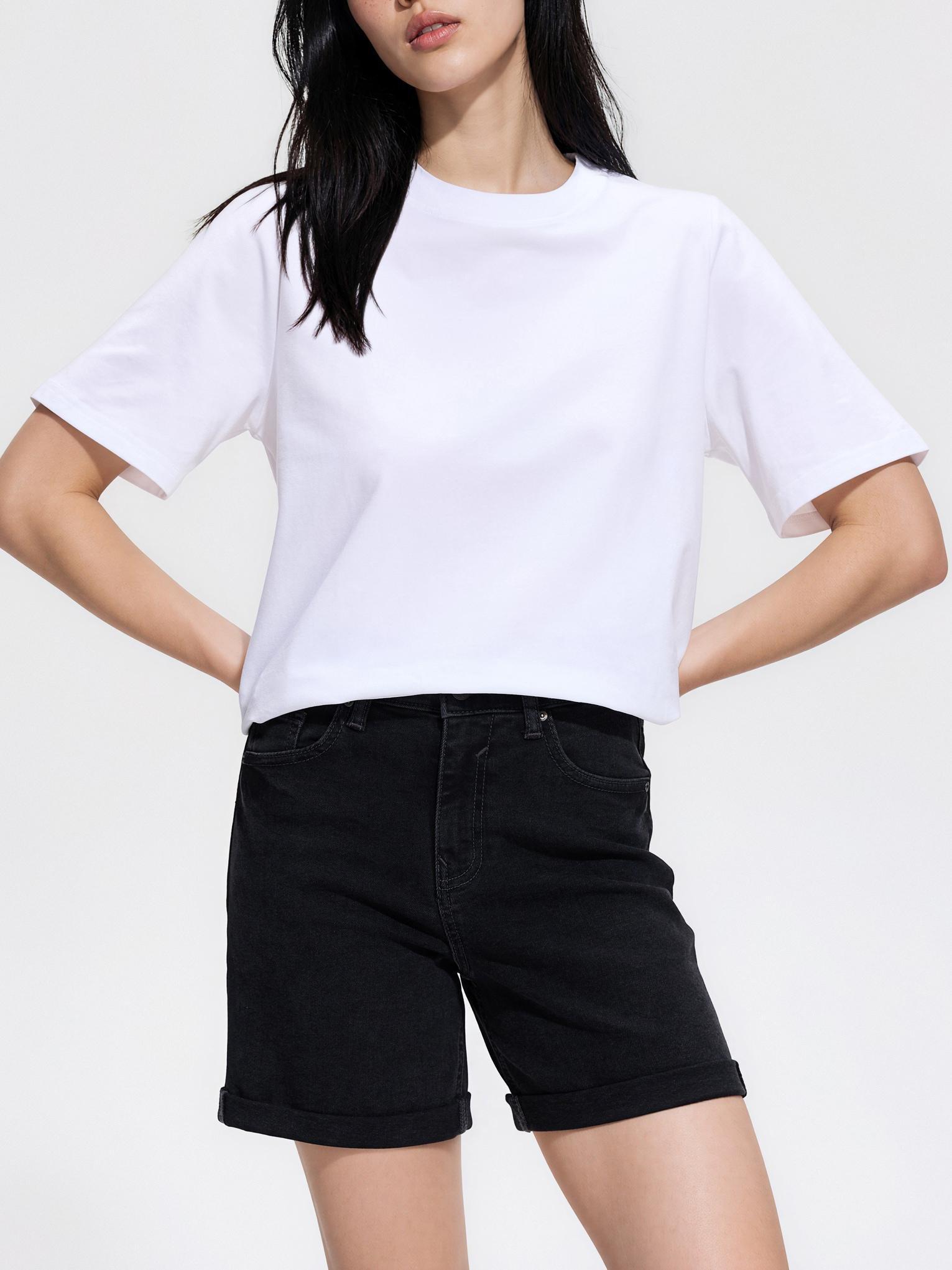 Black Jean Shorts With Roll-Up Cuffs, Black, large image number 1