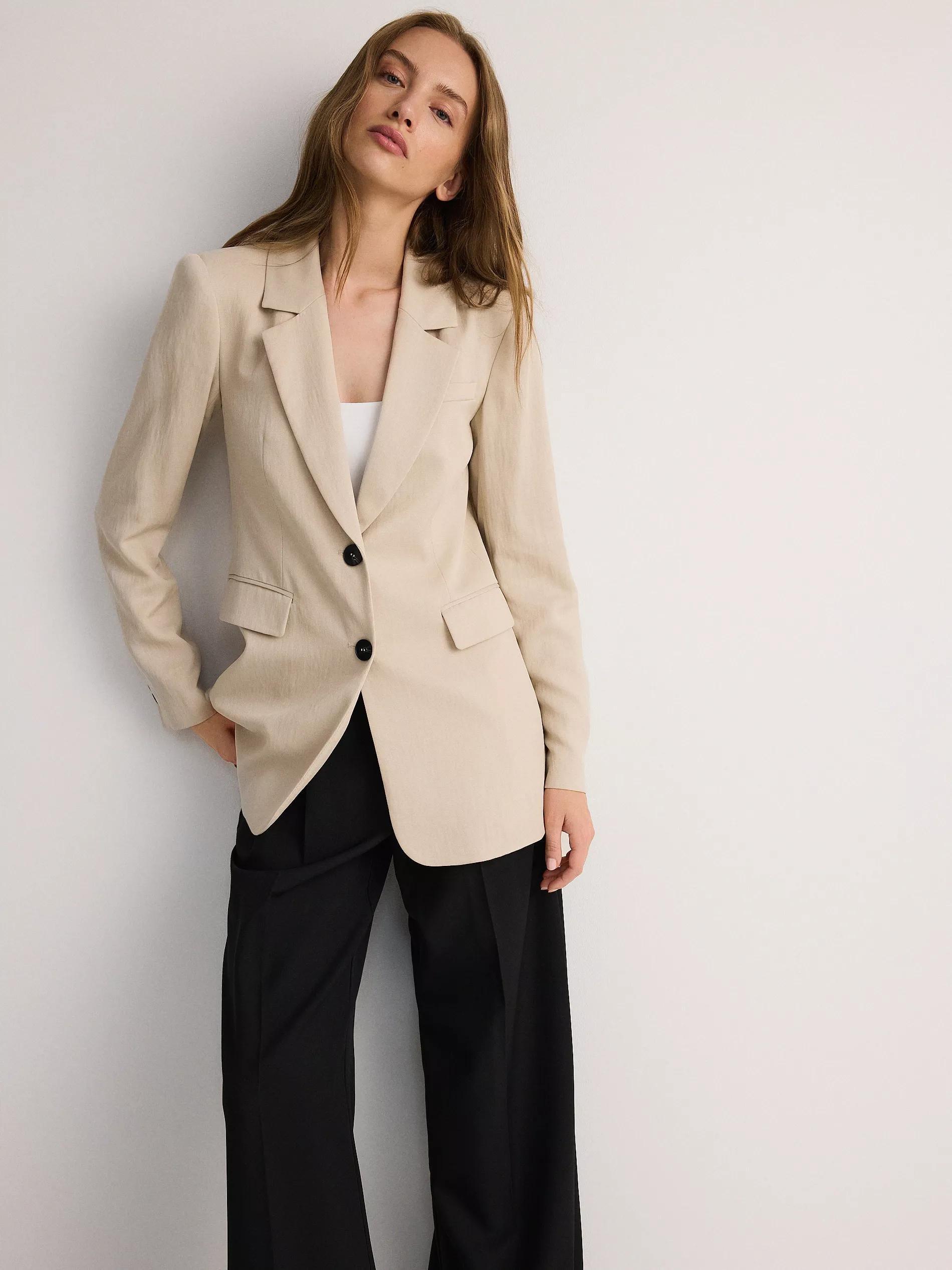 Cream Fitted Blazer With High Lyocell Content, Ivory, medium