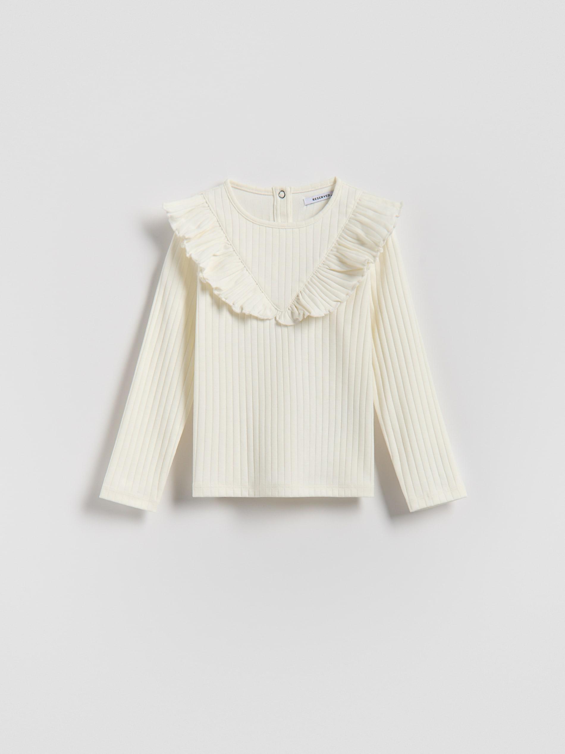 Cream Ribbed Shirt With Ruffle, Ivory, medium
