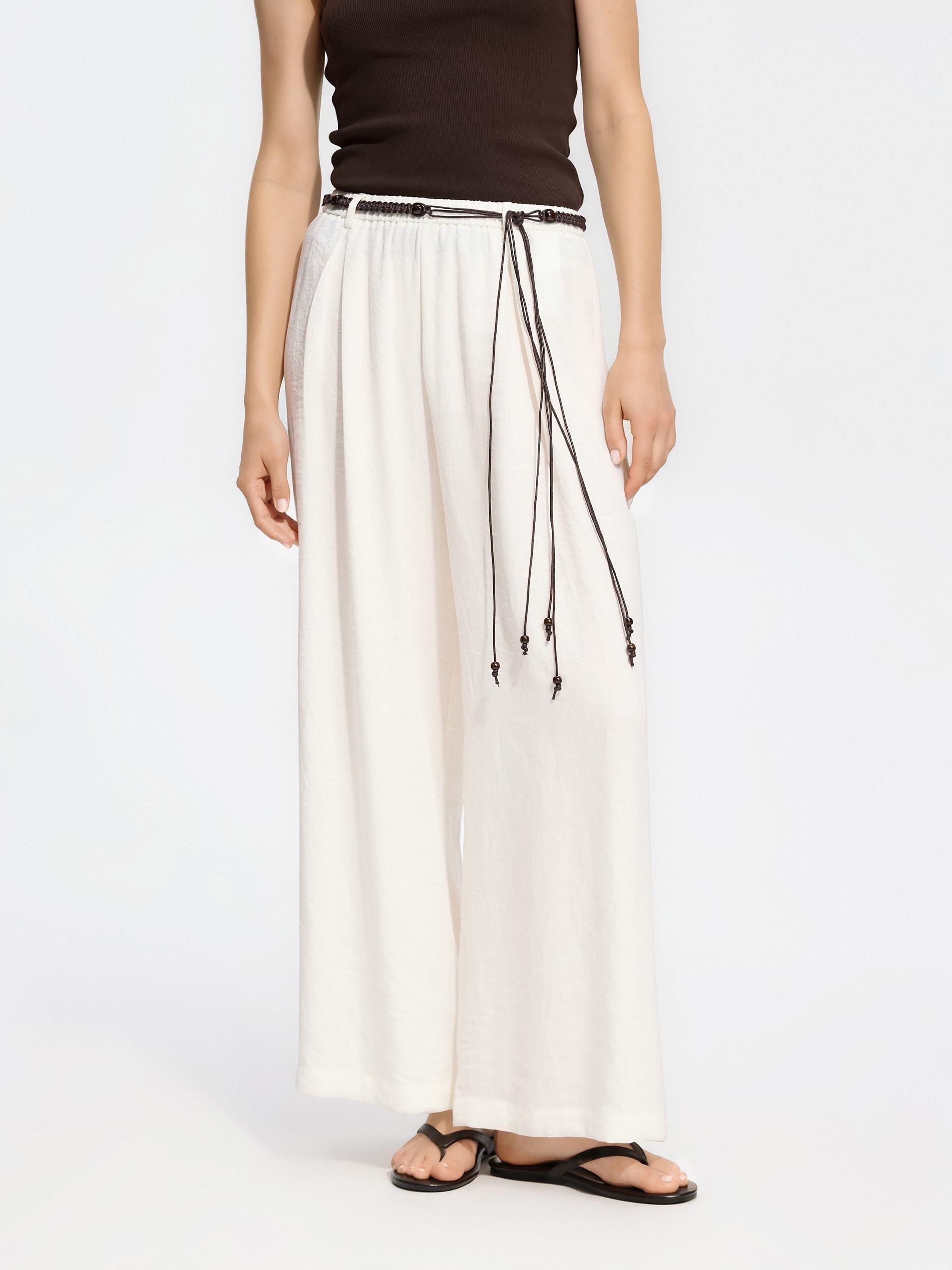 Cream Trousers With Braided Cord Belt, Ivory, medium