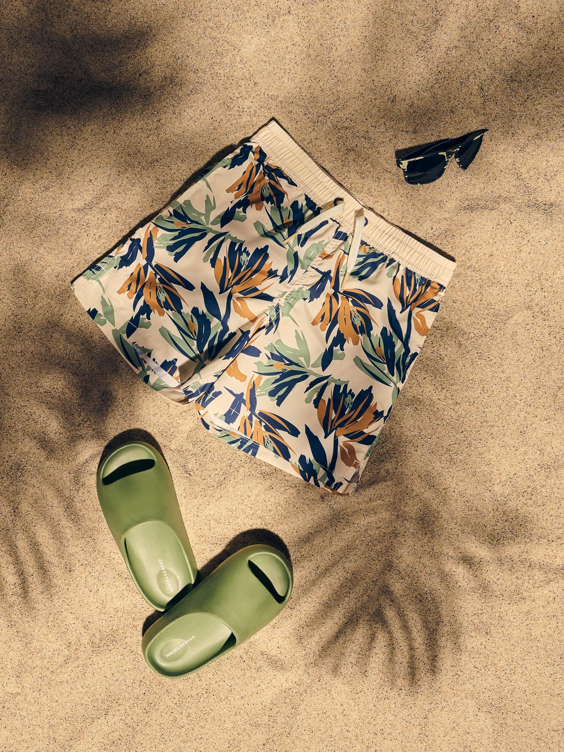 Cream Printed Swim Shorts, Ivory, large image number 1