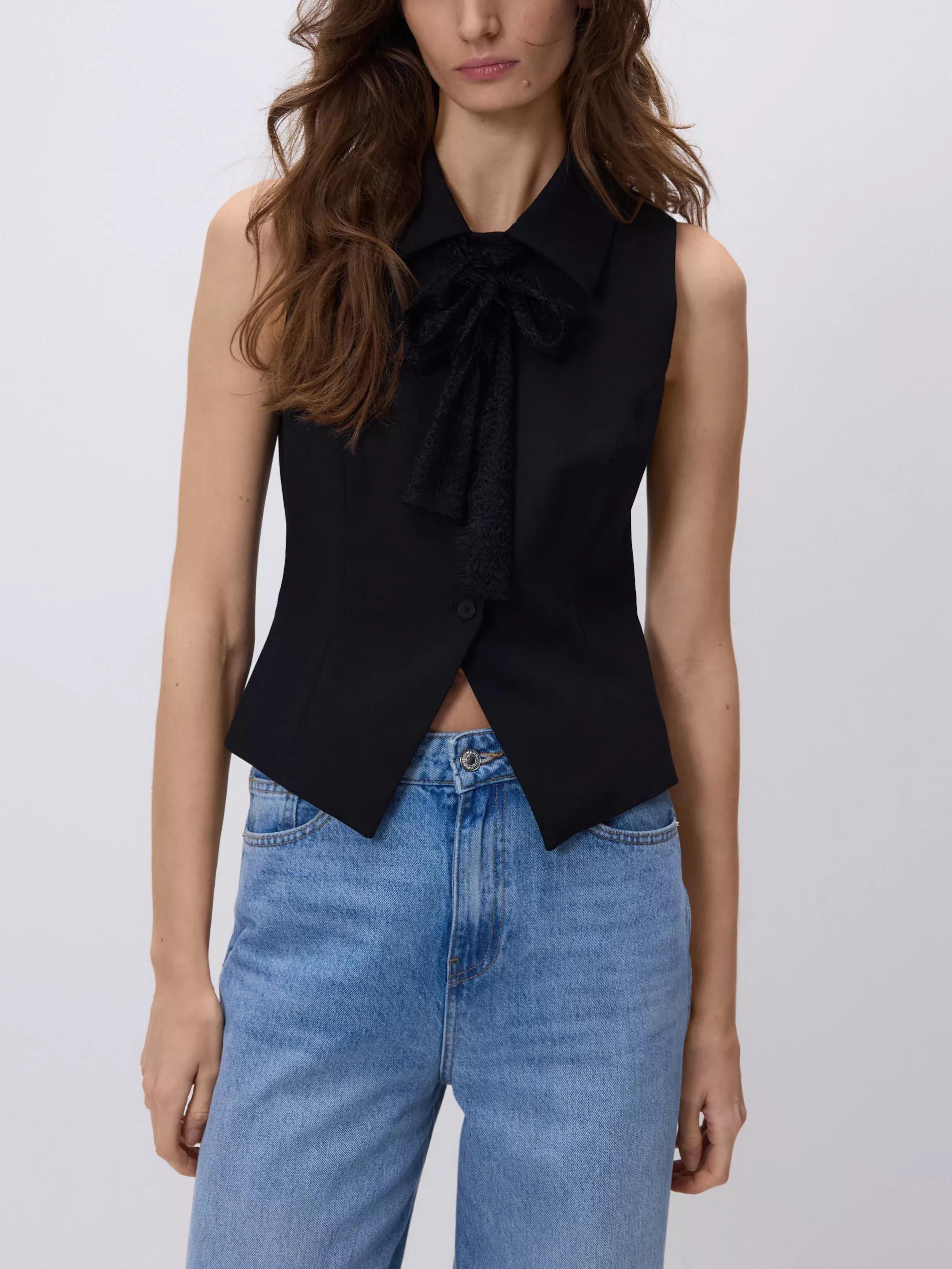 Black Vest With Tie Detail, Black, large image number 1