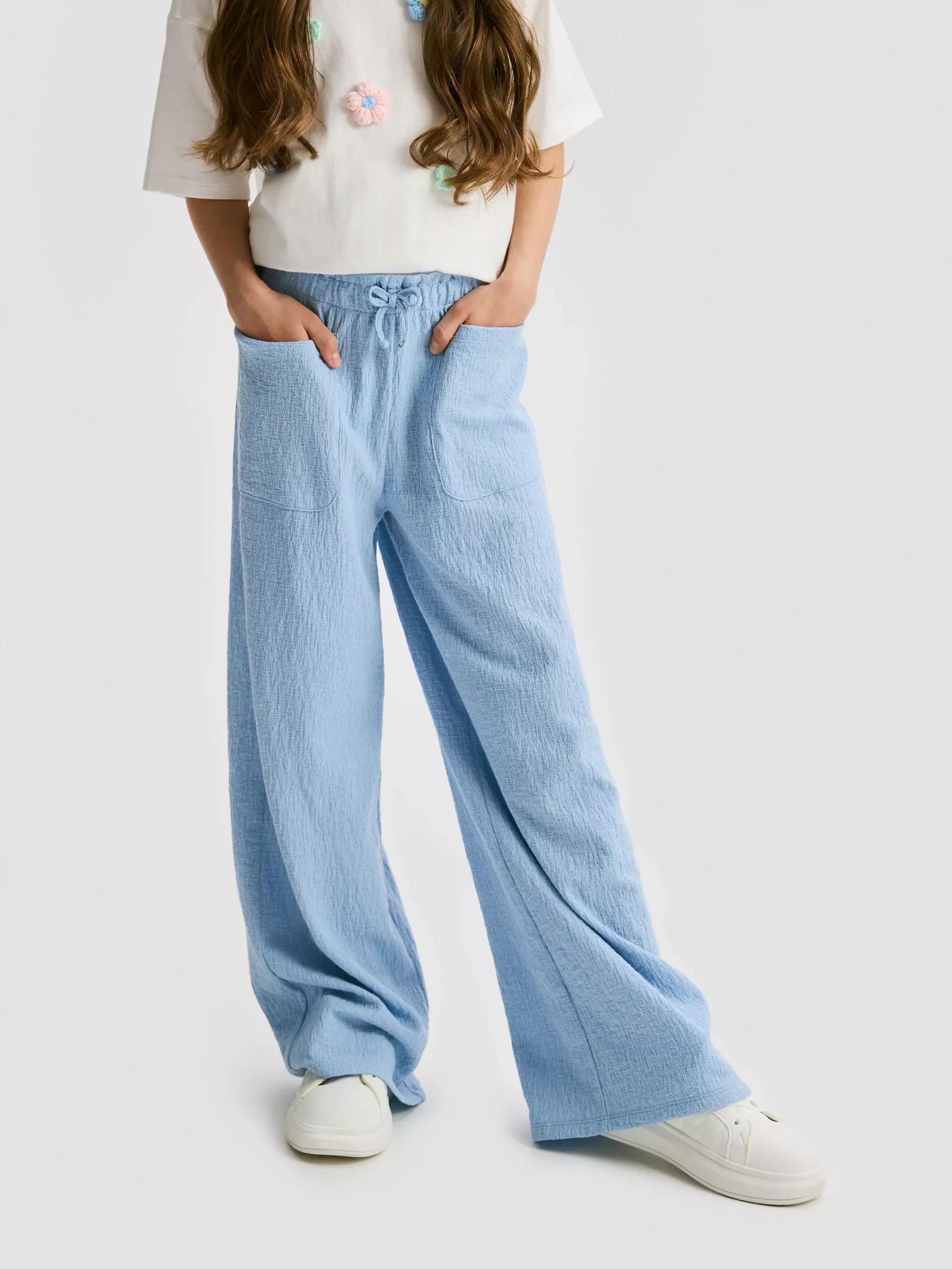 Blue Textured Fabric Trousers With Pockets, Blue, large image number 1