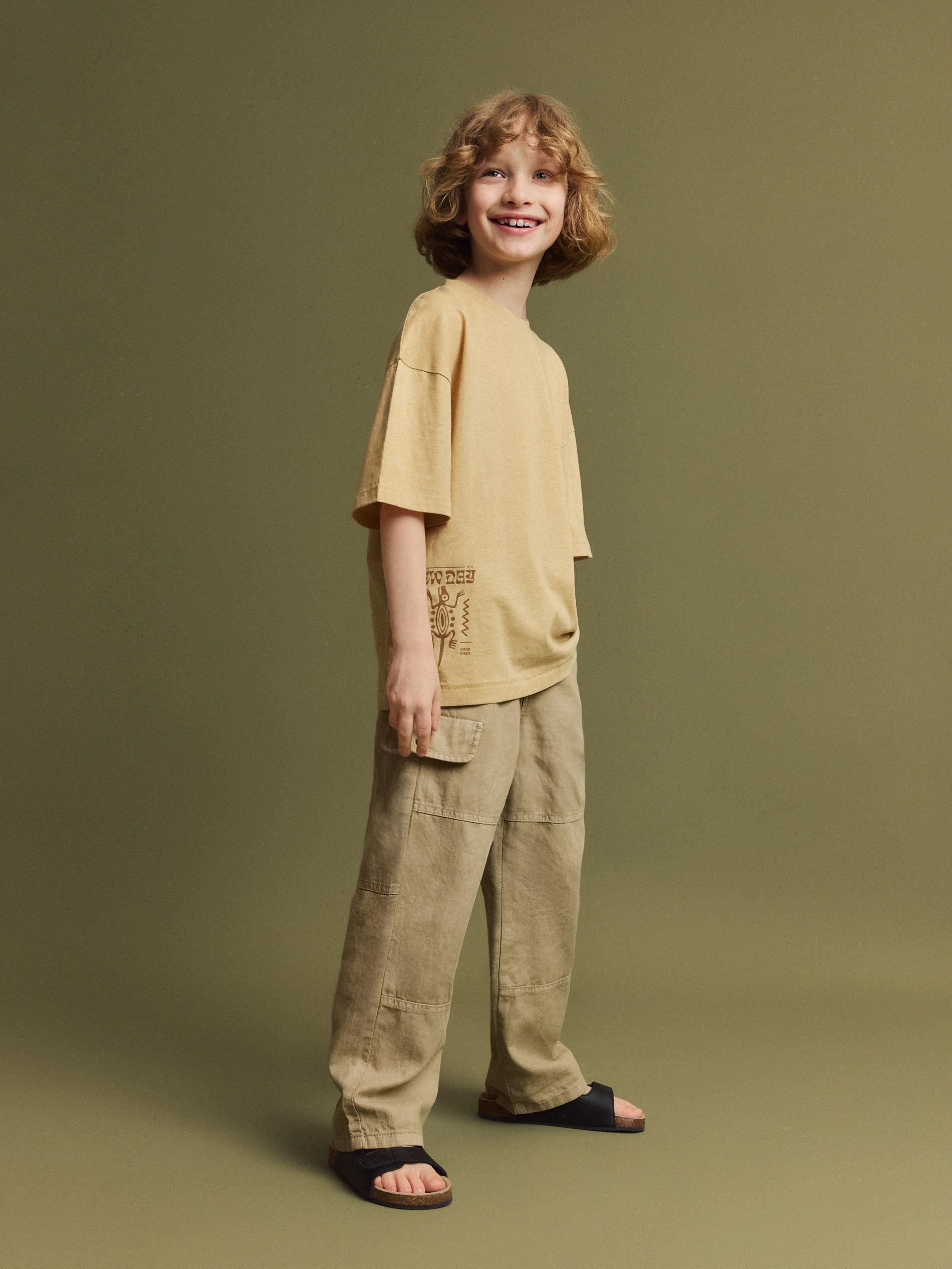 Beige Linen Blend T-Shirt, Kids Boys, , large image number 4