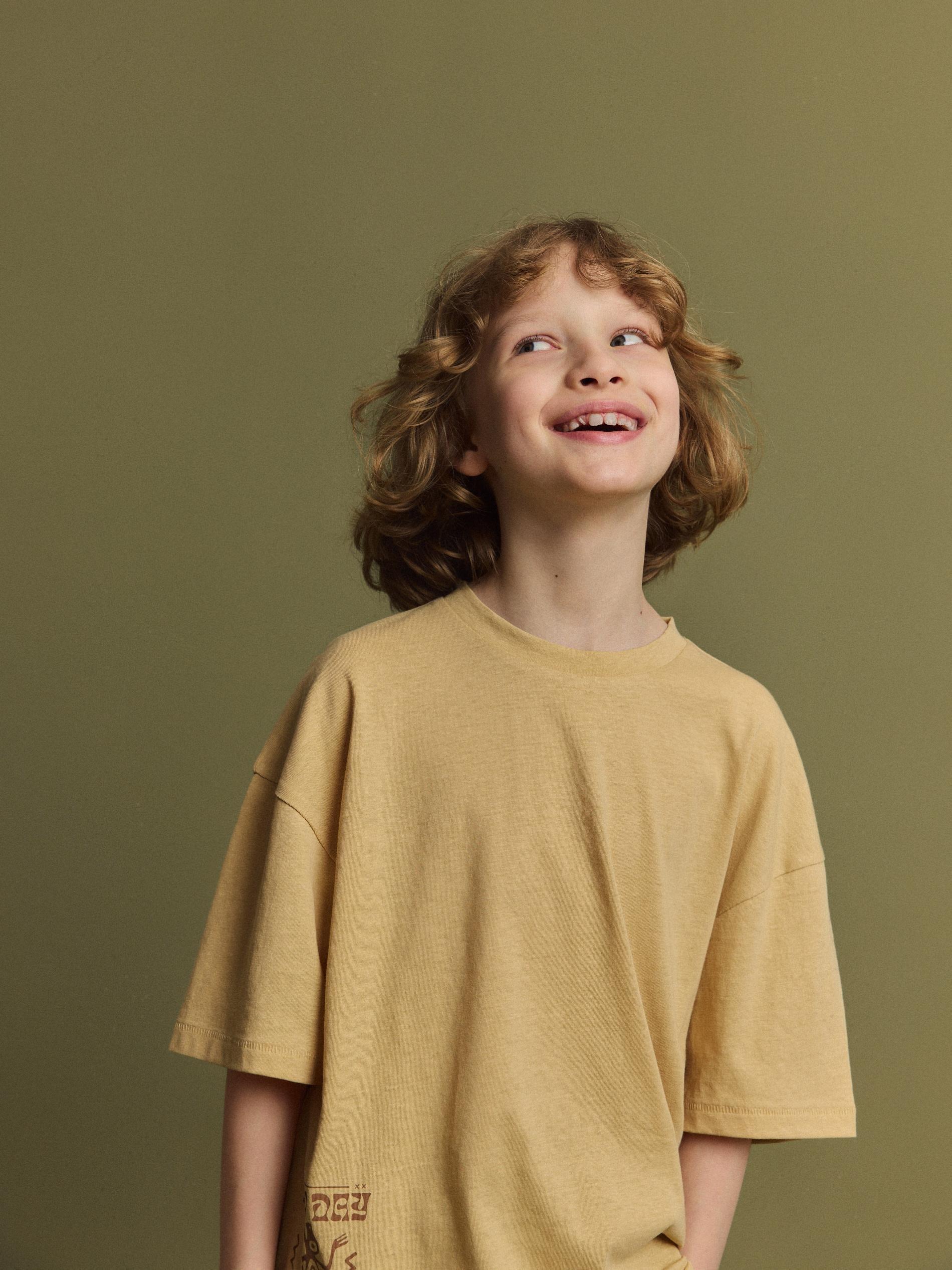 Beige Linen Blend T-Shirt, Kids Boys, , large image number 6