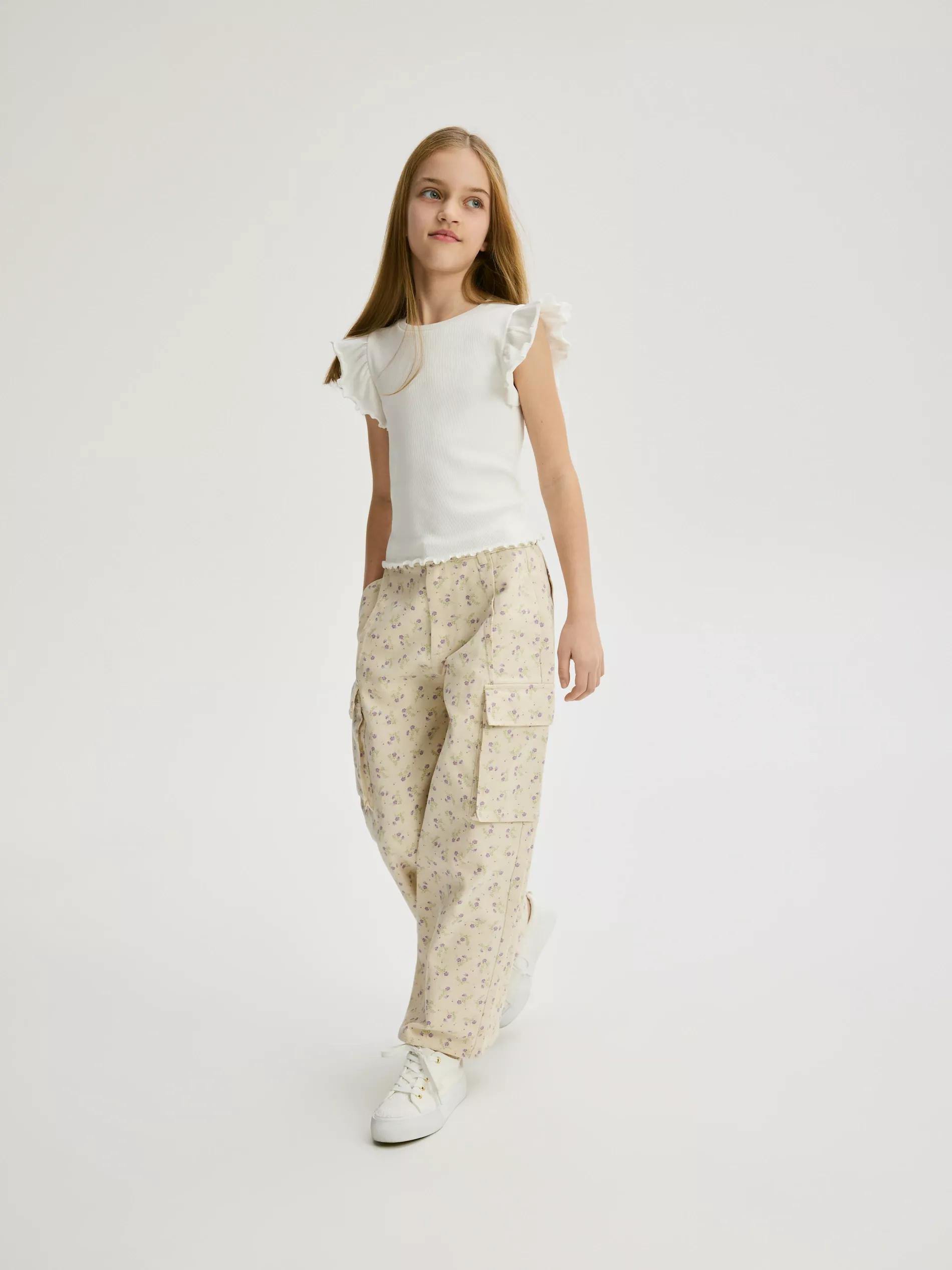 Cream Rib Knit T-Shirt With Ruffle Sleeves, , large image number 2