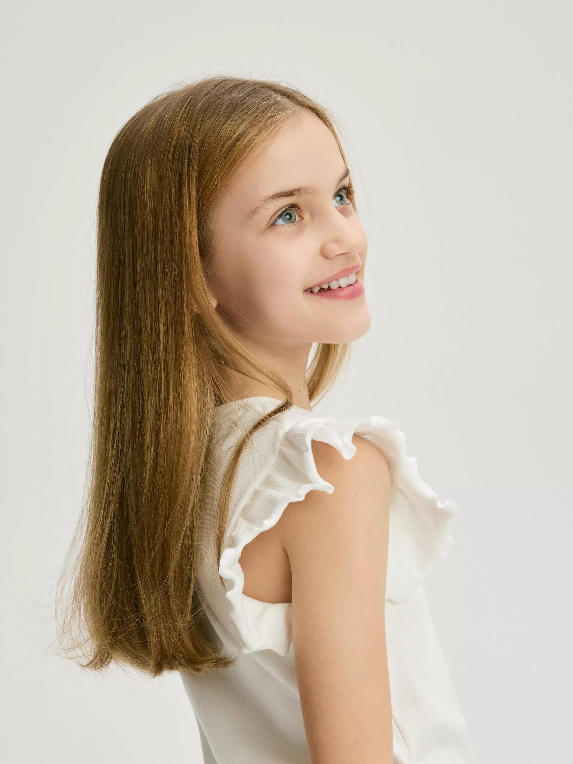Cream Rib Knit T-Shirt With Ruffle Sleeves, , large image number 3