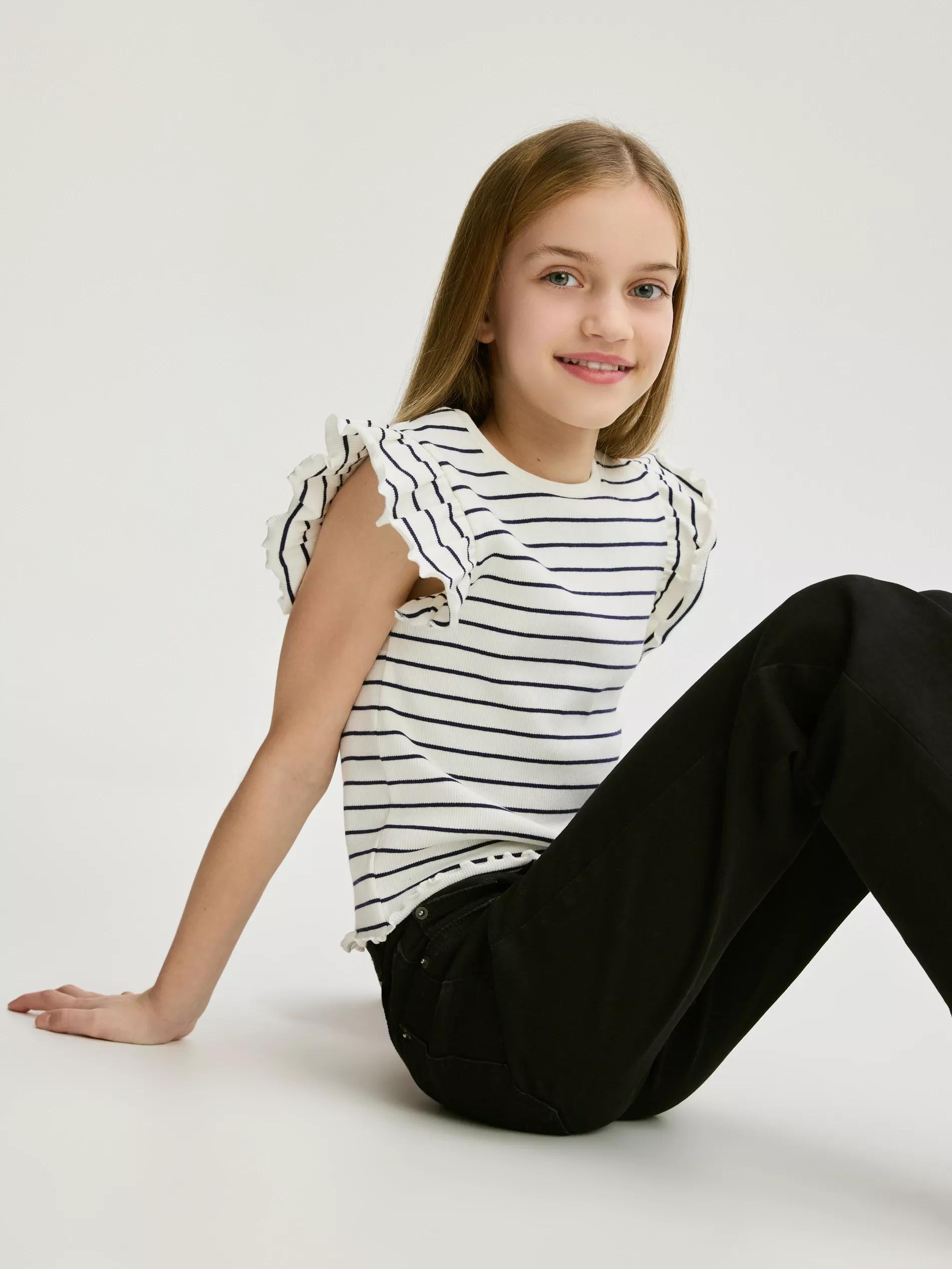 Multicolour Rib Knit T-Shirt With Ruffle Sleeves, Multicolor, medium