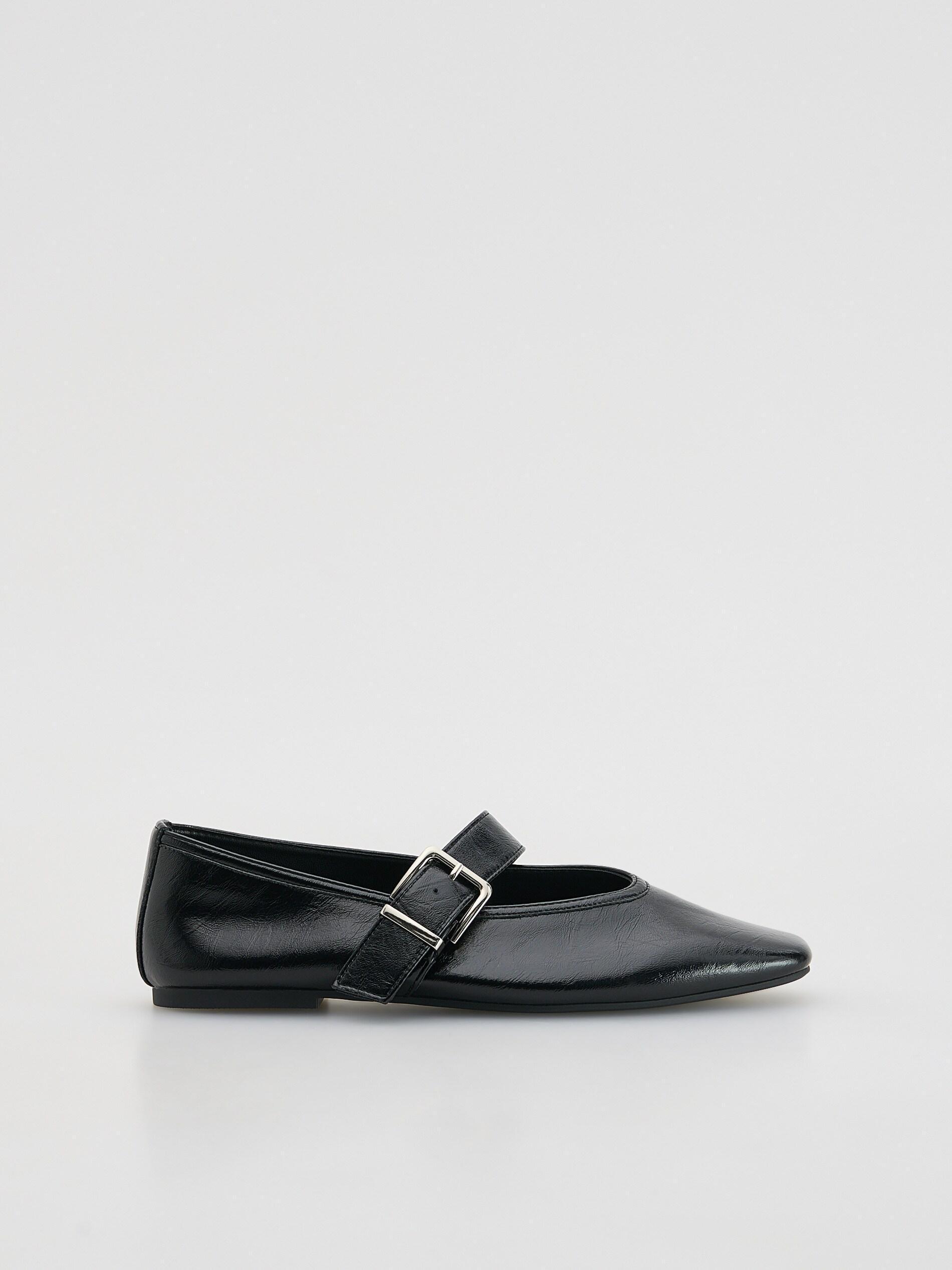 Black Leather Ballerinas With Strap, Black, medium