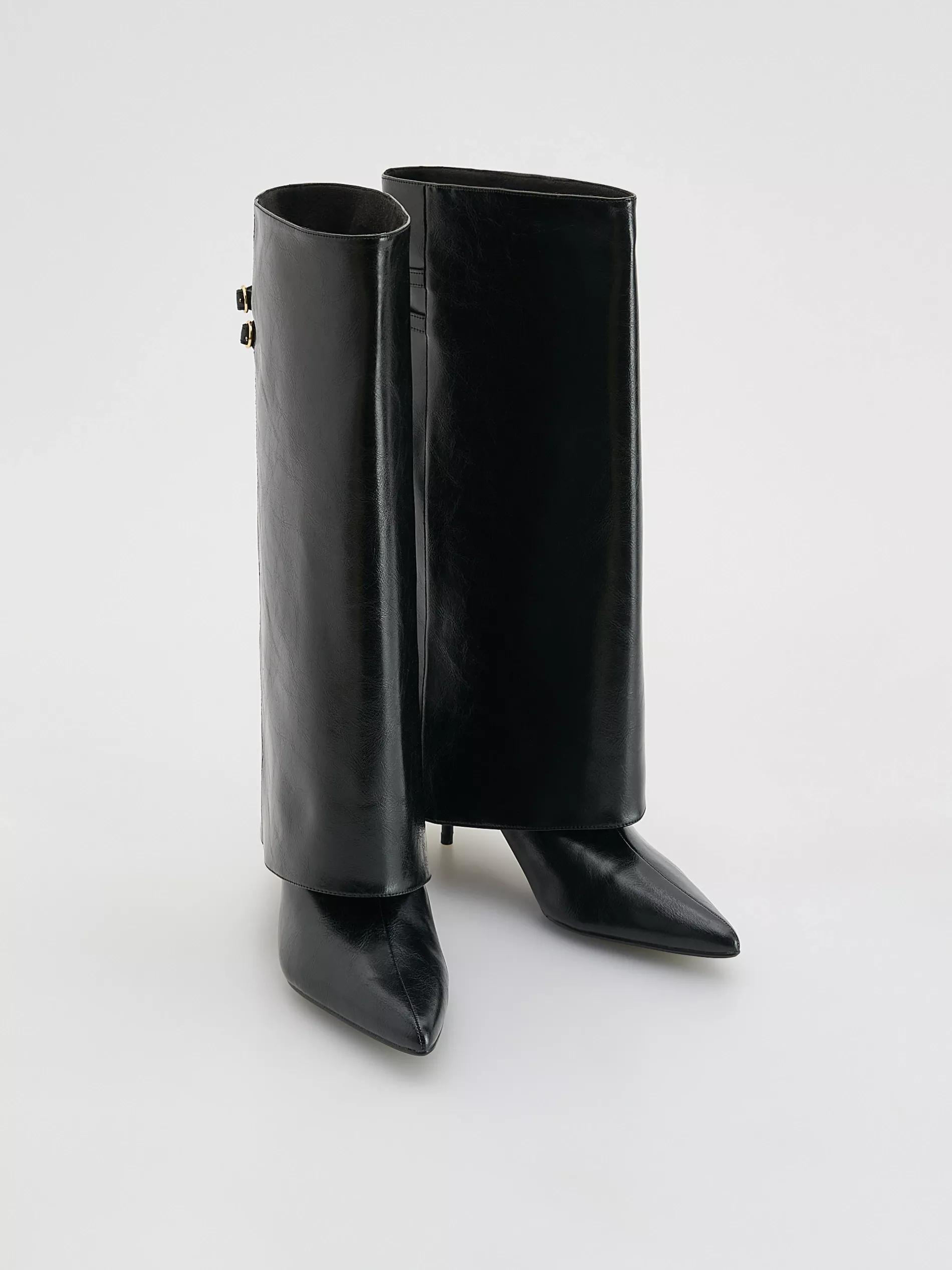 Black Leather Boots With Double Shaft, Black, medium