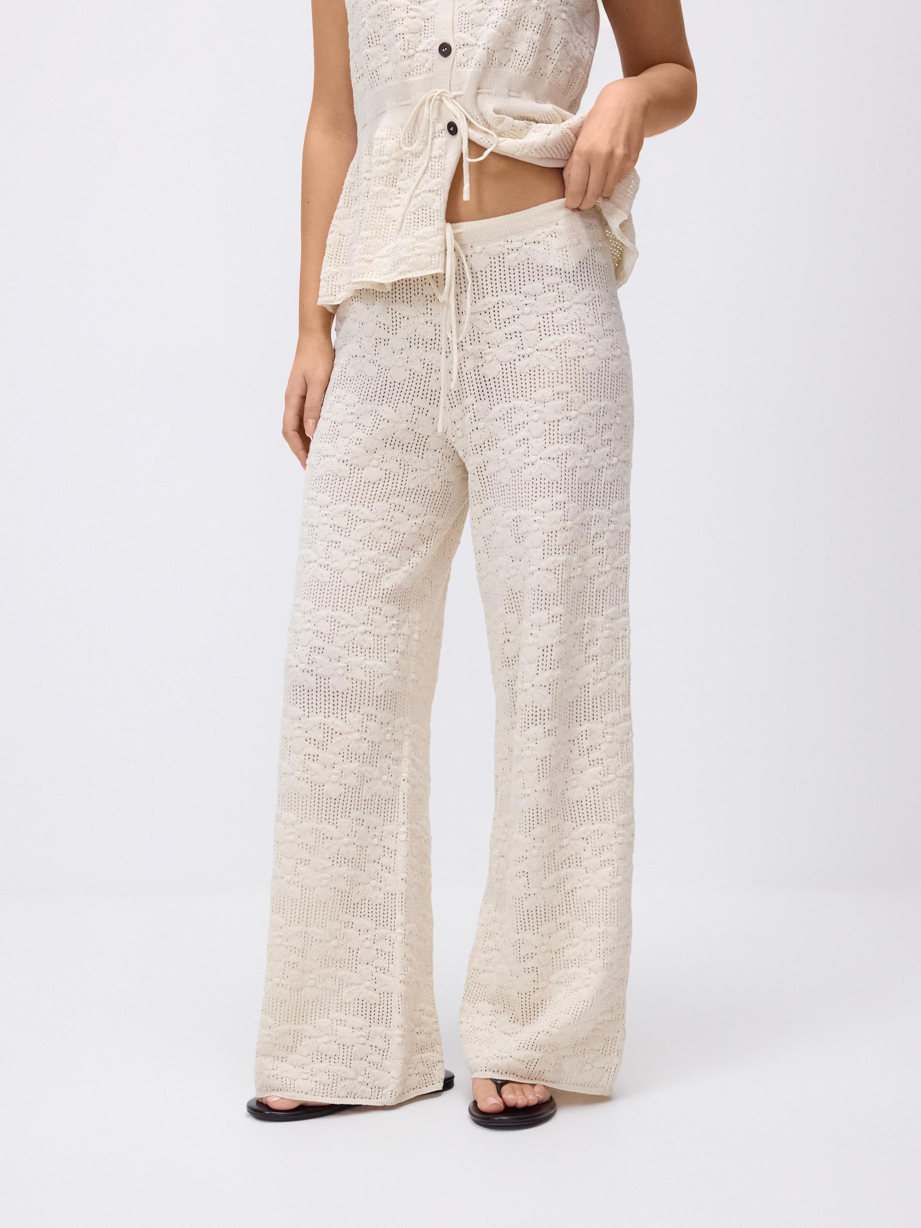 Beige Openwork Cotton Trousers, Ivory, large image number 0