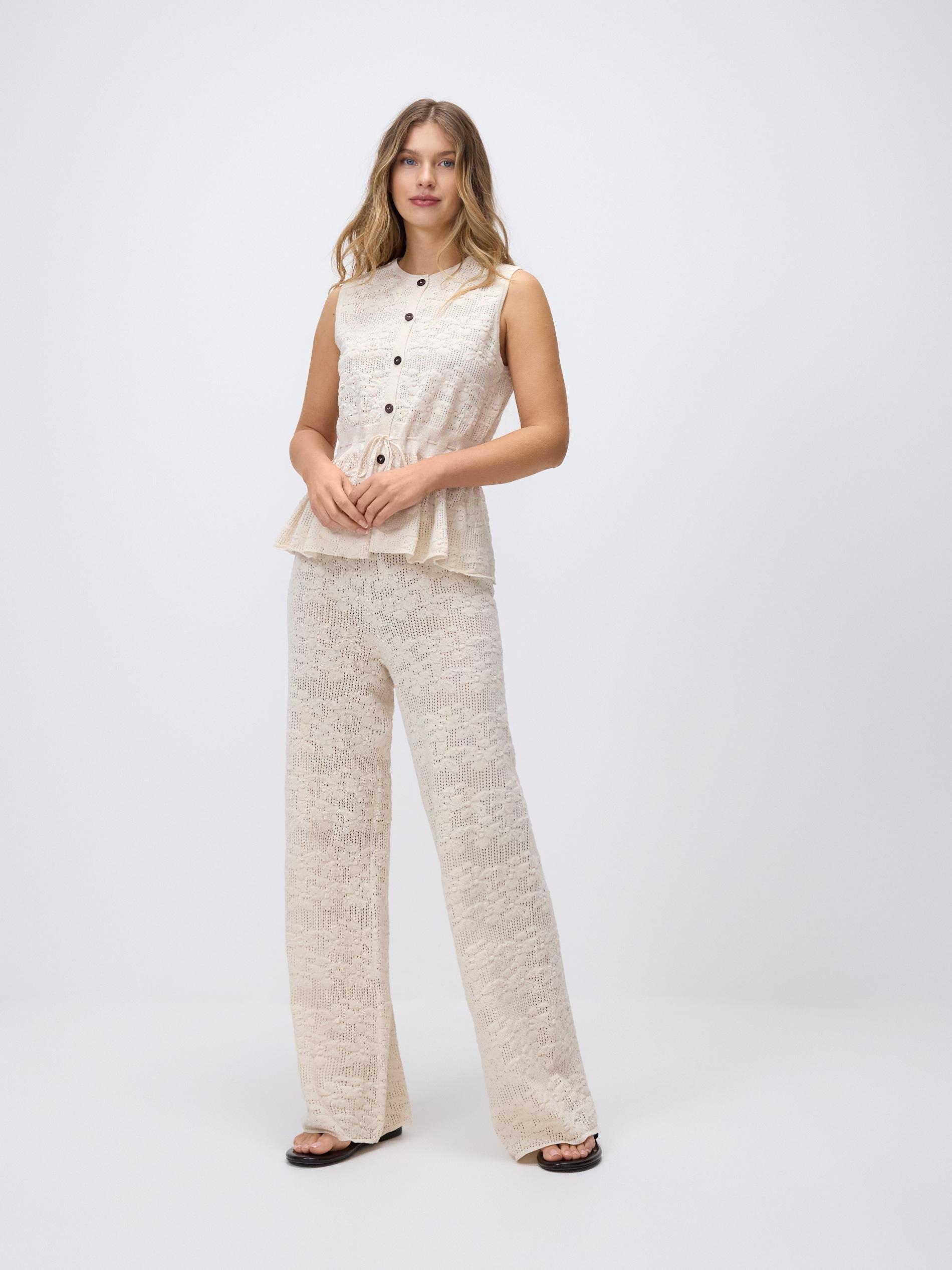 Beige Openwork Cotton Trousers, Ivory, large image number 1