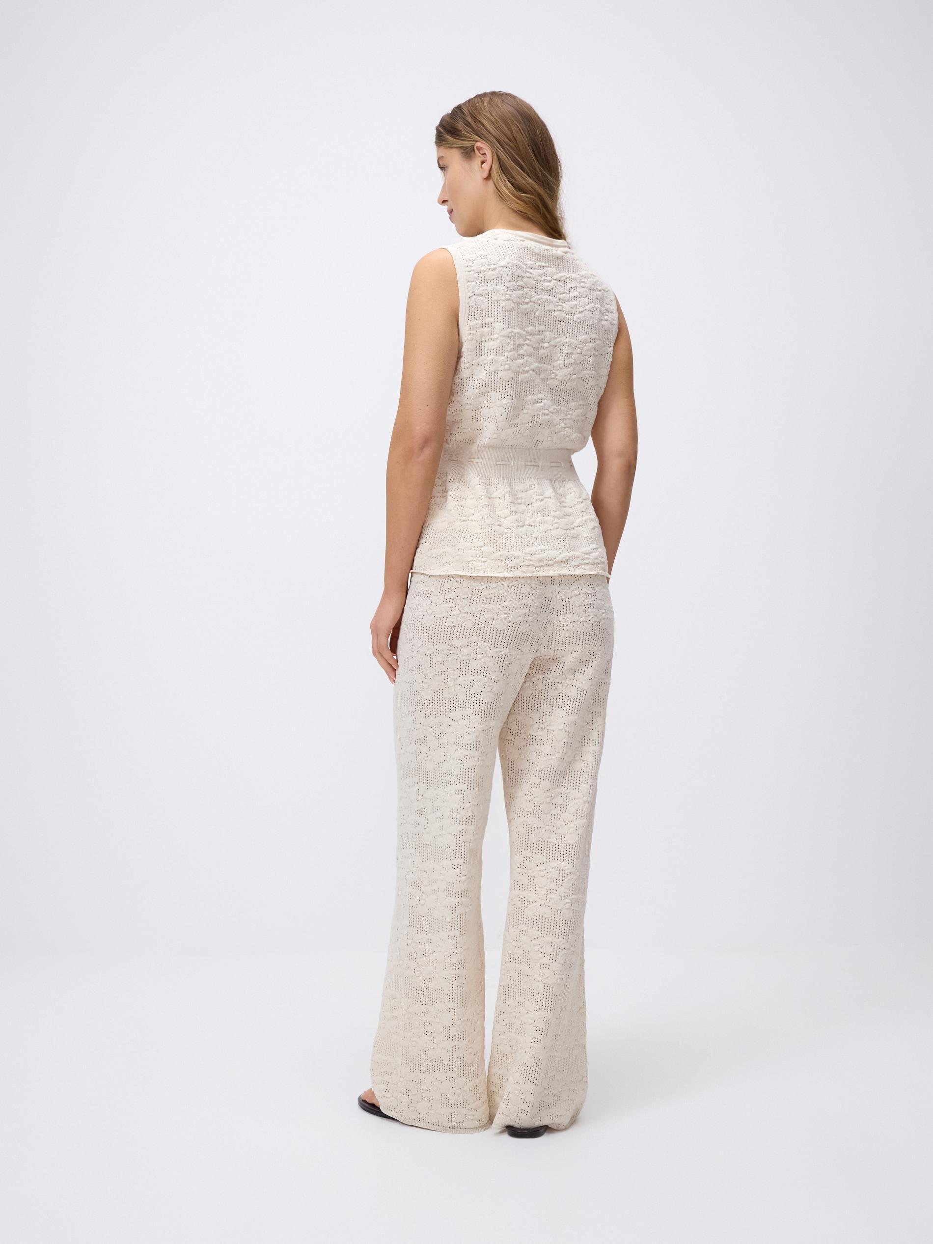 Beige Openwork Cotton Trousers, Ivory, large image number 3
