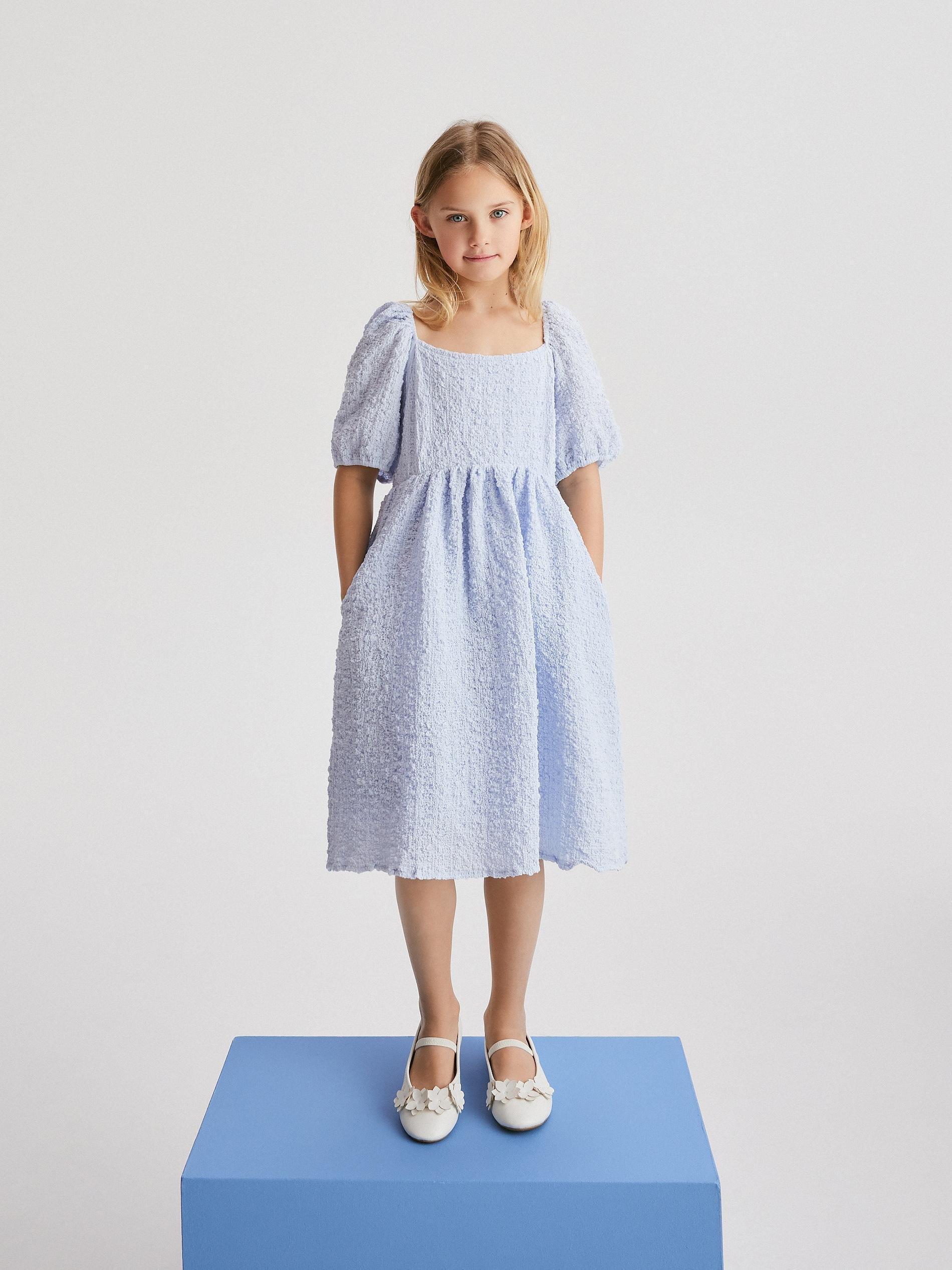 Blue Puff Sleeves Dress, Kids Girls, , large image number 0