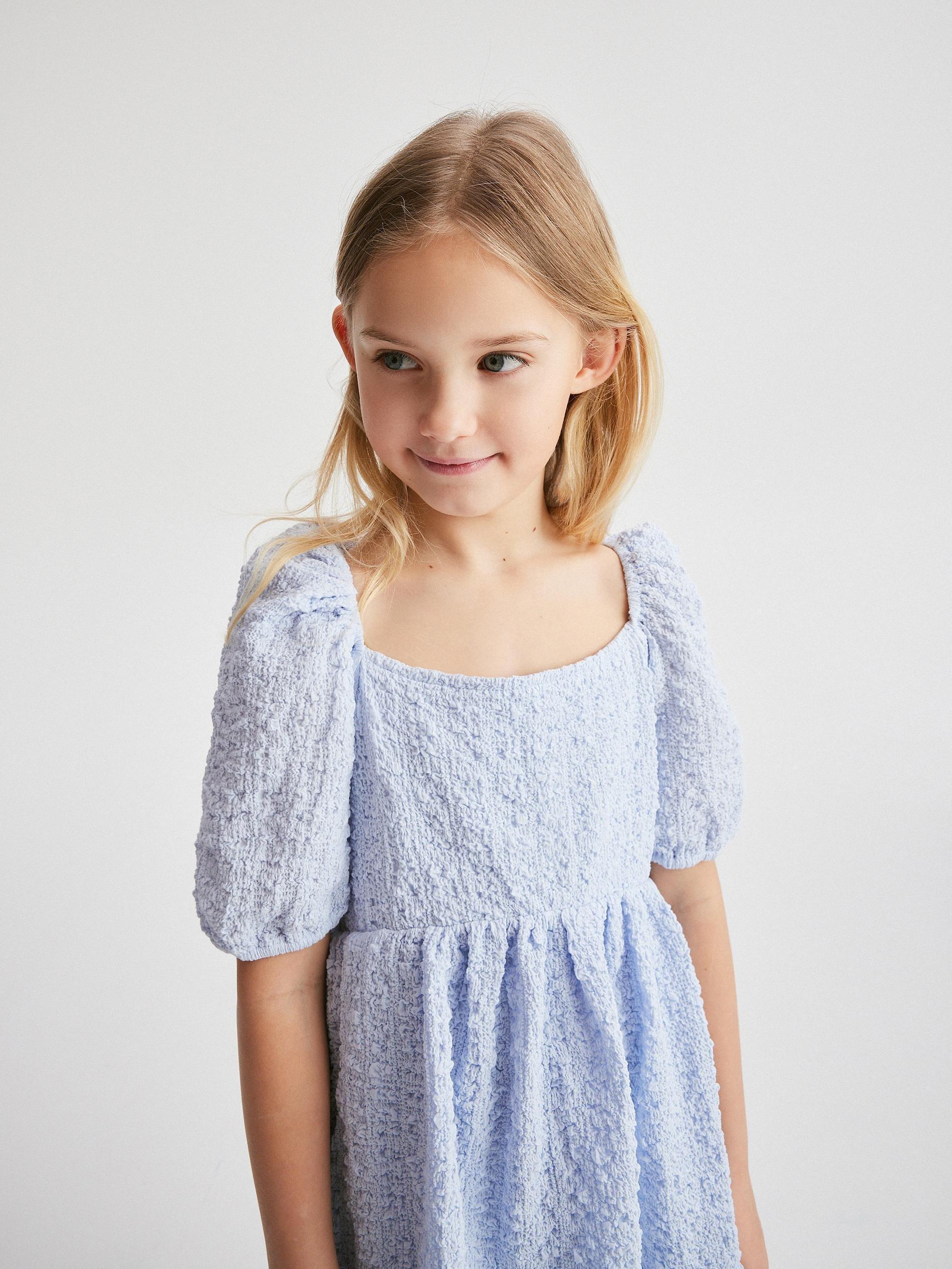 Blue Puff Sleeves Dress, Kids Girls, , large image number 2