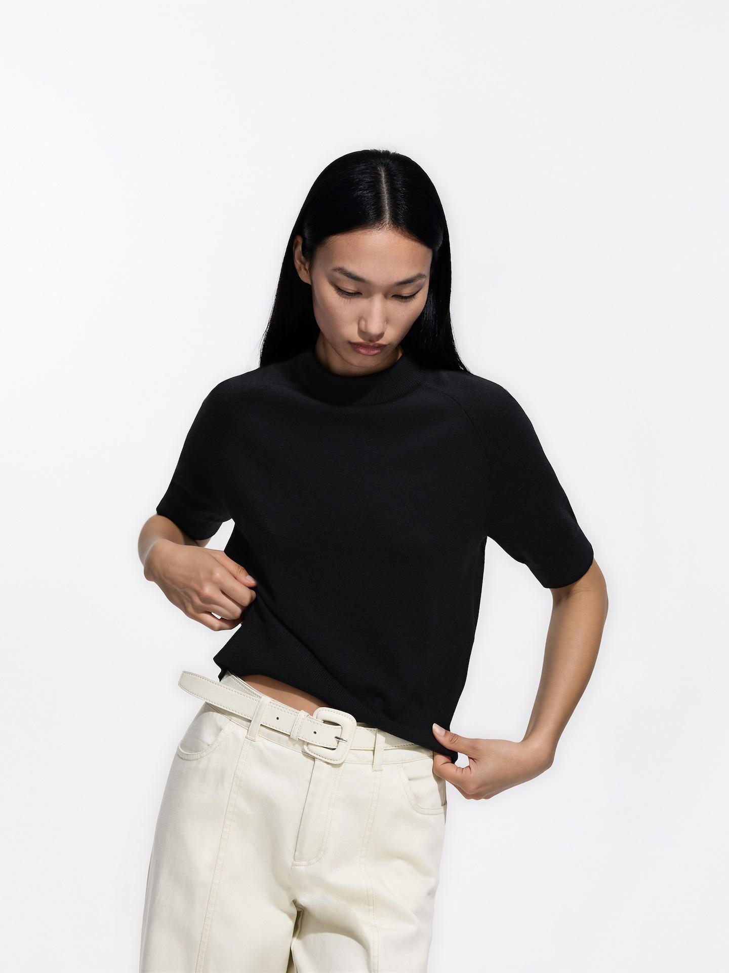 Black Short-Sleeved Sweater, Black, medium