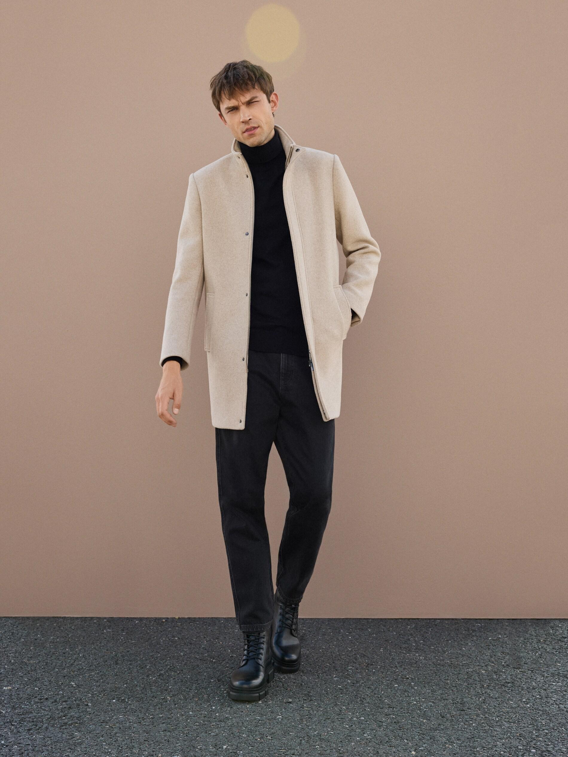 Beige Longline Wool Blend Coat, Beige, medium