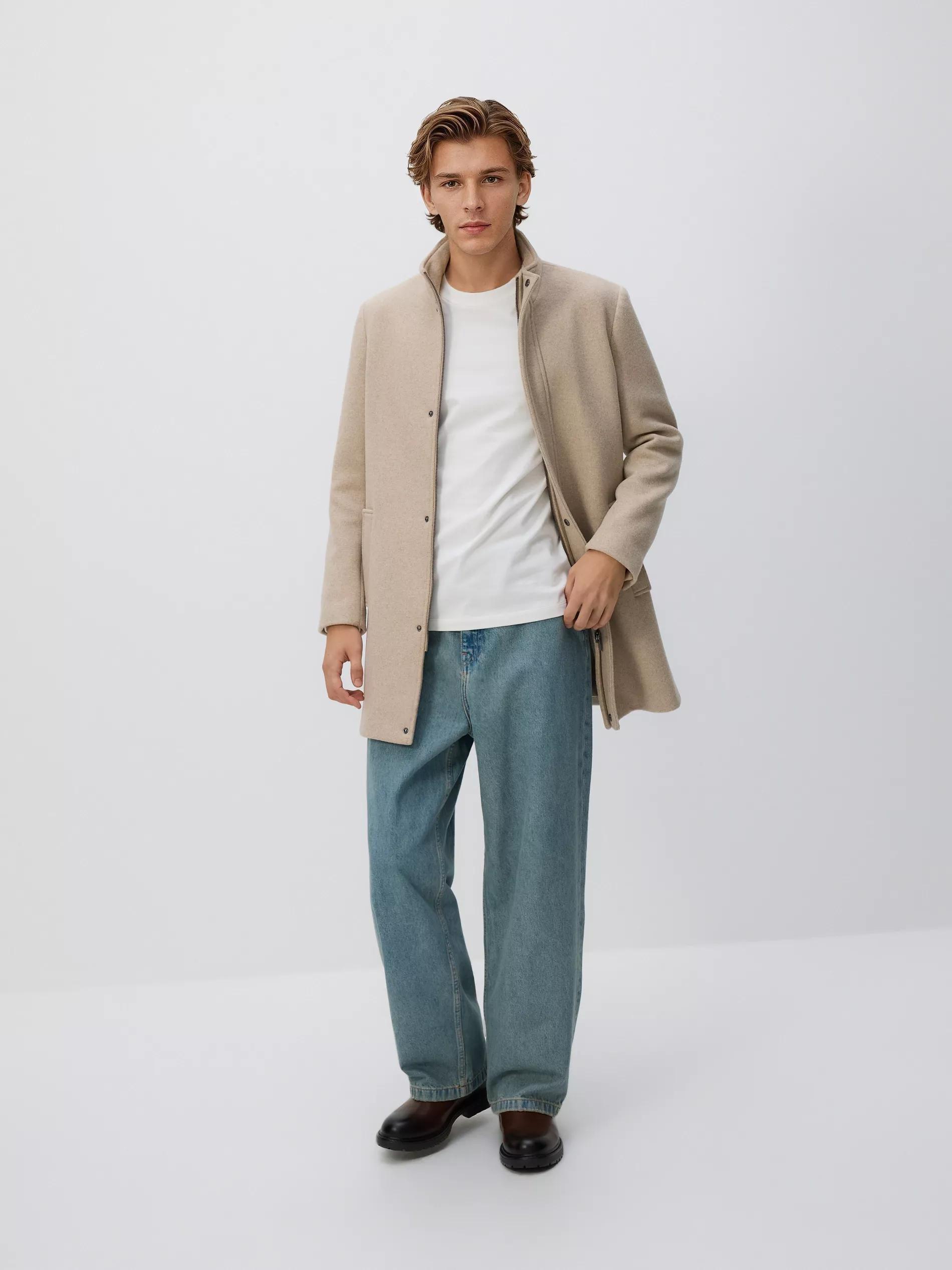 Beige Longline Wool Blend Coat, Beige, medium